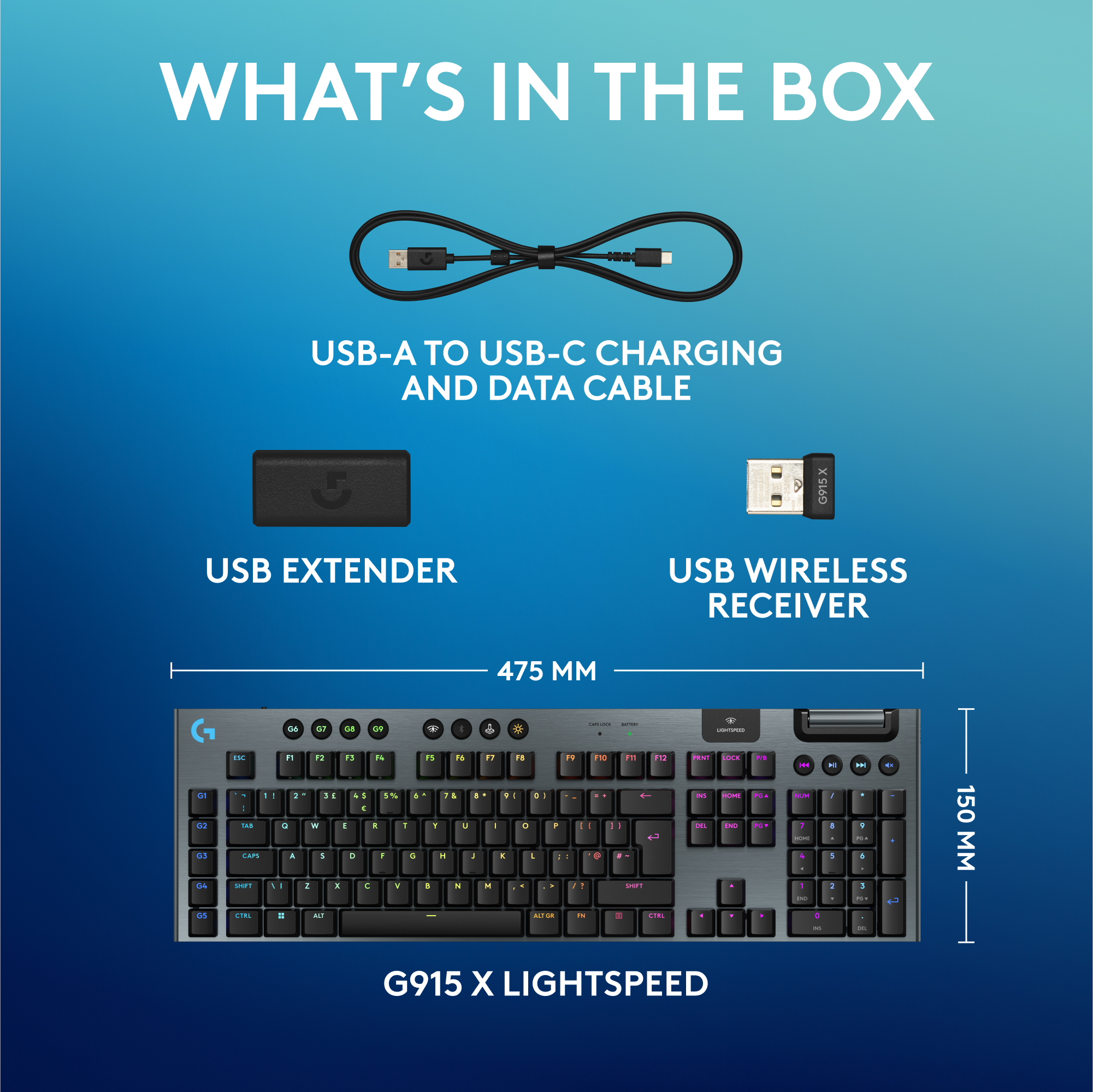 La boîte d'un clavier avec accessoires, comprenant un câble USB, une rallonge USB et un récepteur sans fil.