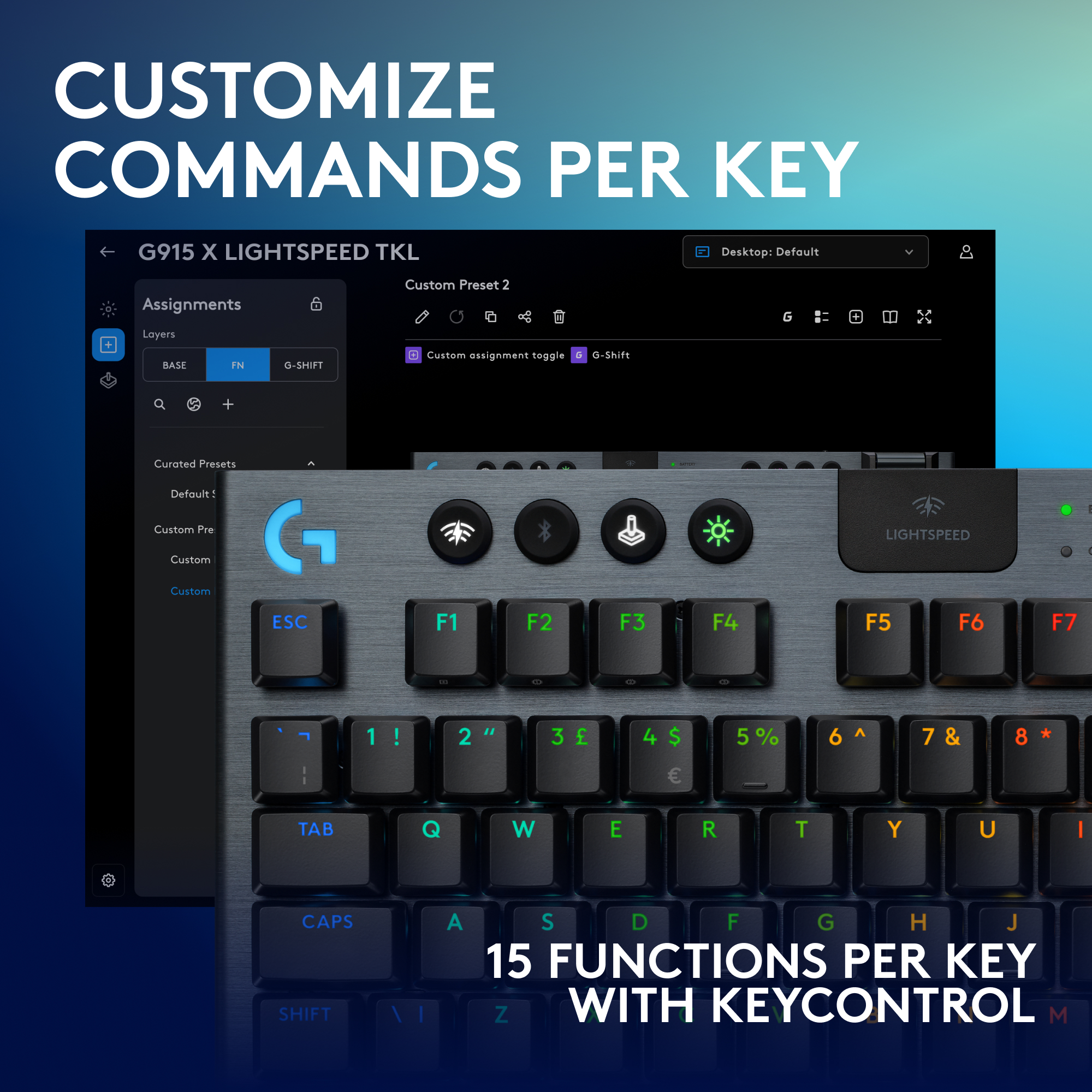 Un clavier avec un écran affichant les paramètres. Le texte dit "PERSONNALISER LES COMMANDES PAR TOUCHE" et "15 FONCTIONS PAR TOUCHE AVEC KEYCONTROL".