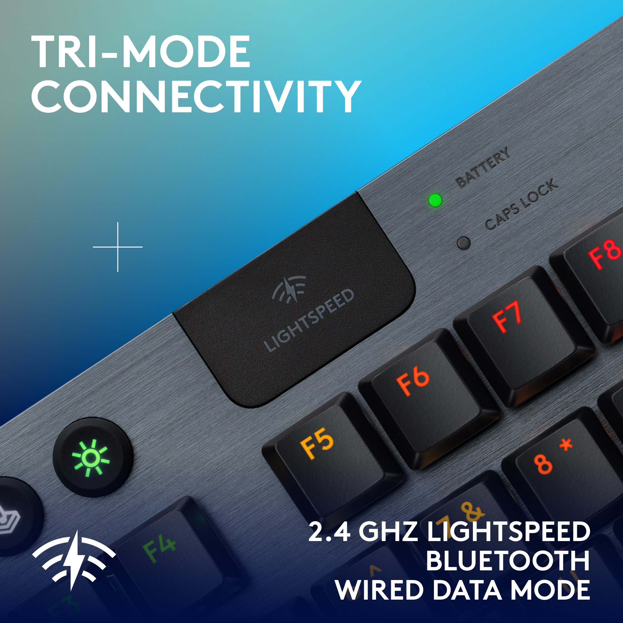 Un clavier avec connectivité Tri-Mode et touches de fonction en surbrillance.