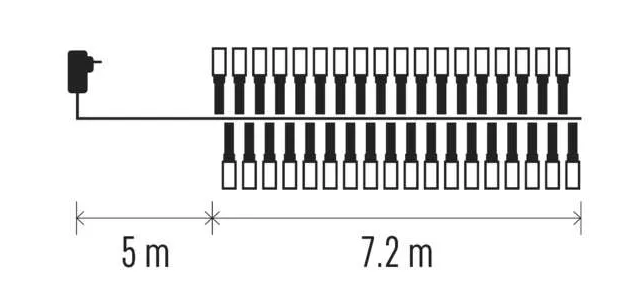 Fények és elektromos alkatrészek diagramja két sorban, méretekkel méterben.