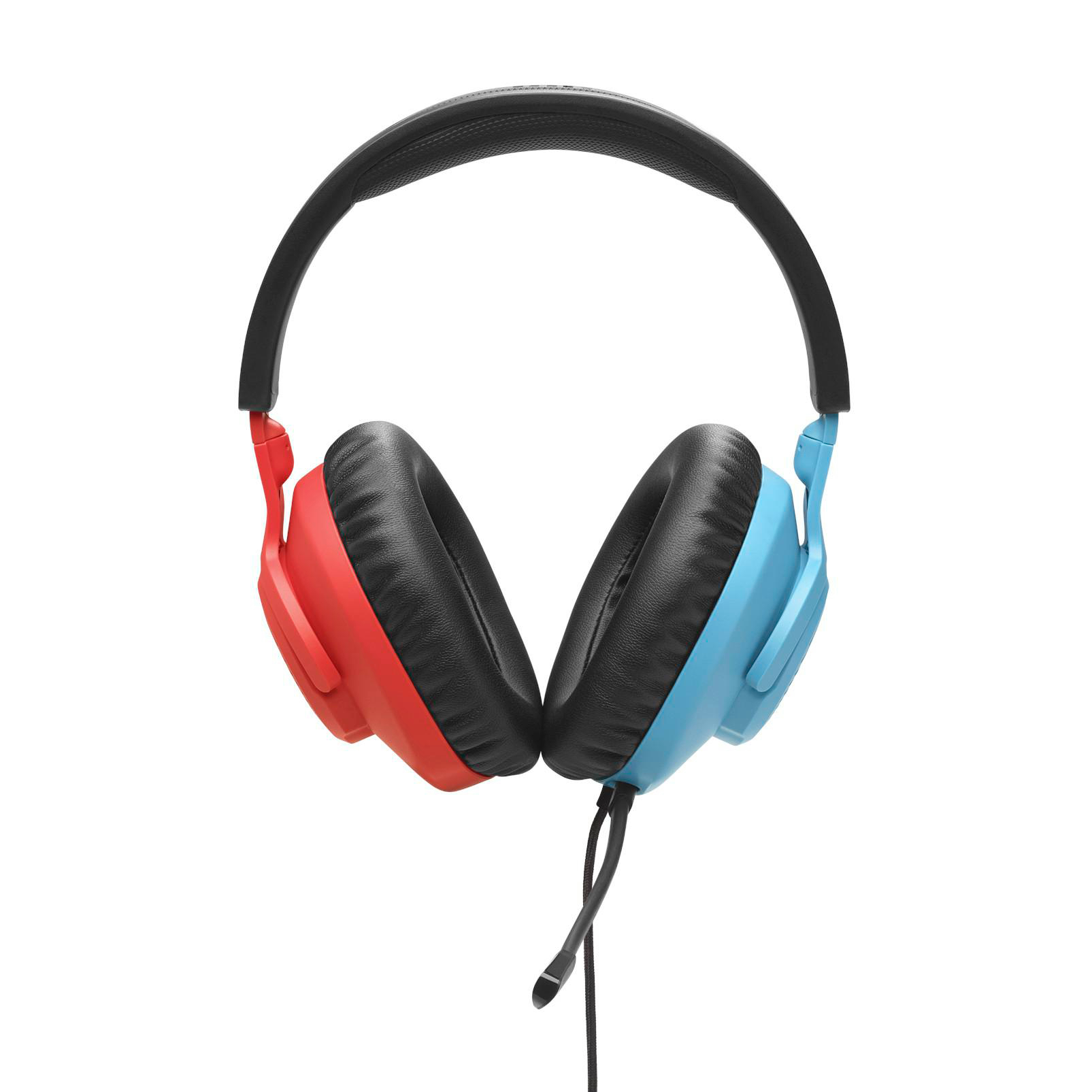 Kopfhörerpaar. Rote und blaue Ohrmuscheln. Schwarzes Kopfband und Kabel. Weißer Hintergrund.