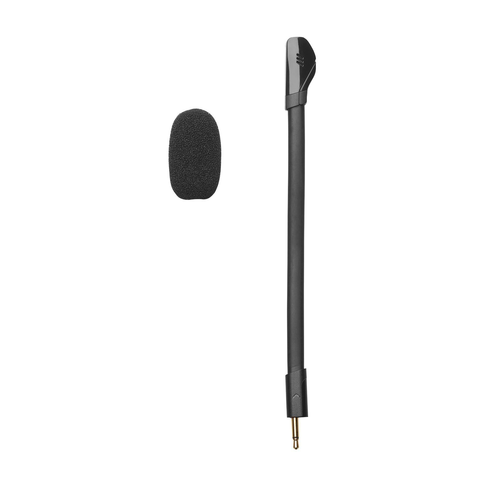 Ein schwarzes Mikrofon mit Schaumstoffabdeckung und goldfarbenem Stecker.