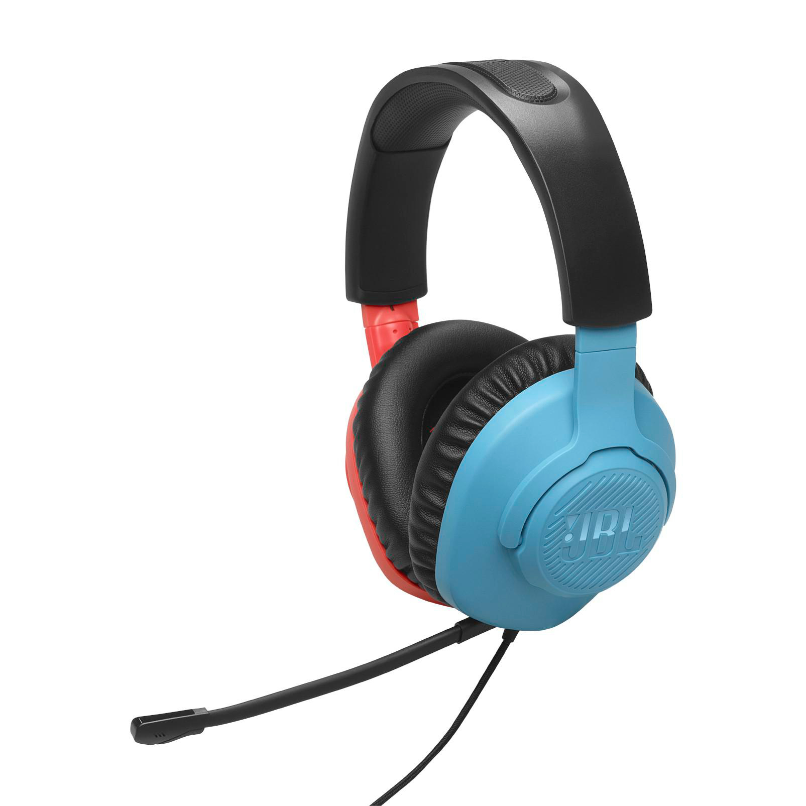 Blaue und rote Kopfhörer mit Mikrofon.
