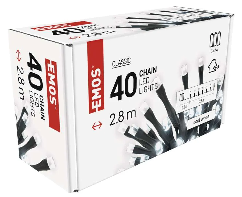 EMOS láncfény doboz, 40 LED-es lámpát mutat, 2,8 m hosszúságban.