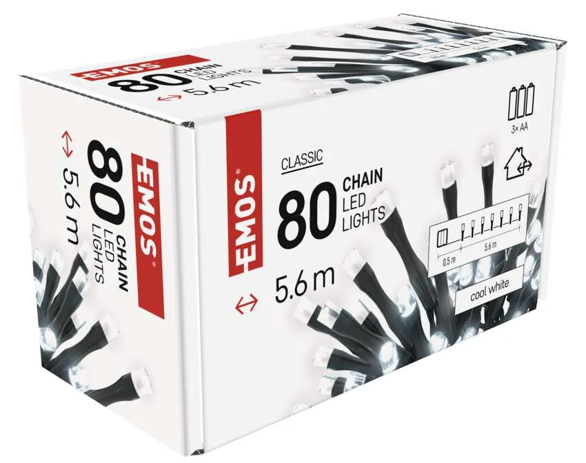 80 LED-es füzérlámpa doboza. Fehér doboz szöveggel és képekkel.