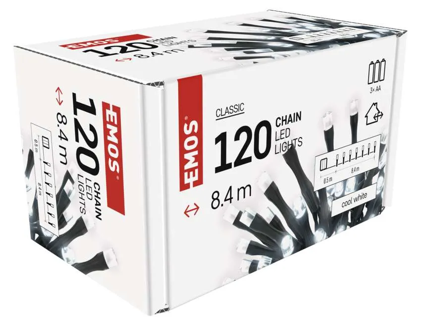 EMOS 120 LED-es füzérfény doboza, hideg fehér fénnyel. Fehér doboz, szöveg és nyilak.