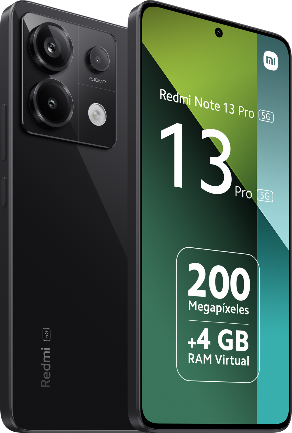 Un smartphone negro con tres cámaras traseras, mostrando sus características.