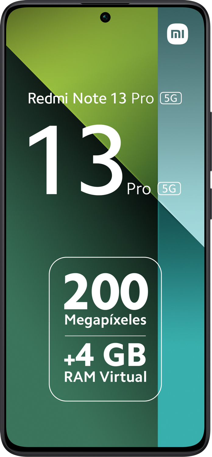 Un smartphone, Redmi Note 13 Pro 5G, que muestra las especificaciones del teléfono. Cuenta con marco y pantalla negros.