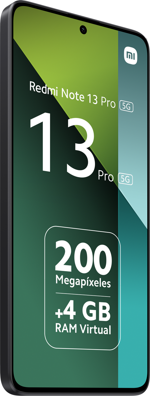 Un smartphone negro con una pantalla verde y blanca que muestra 'Redmi Note 13 Pro'.