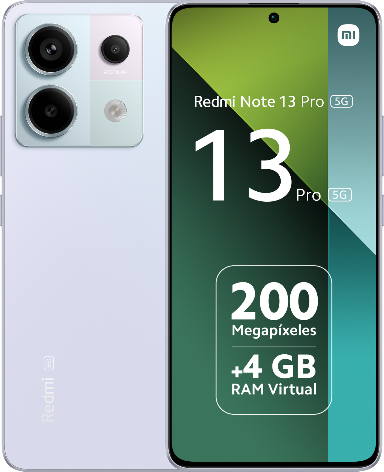 Un smartphone con tres cámaras, el texto Redmi Note 13 Pro 5G y 200 megapíxeles.