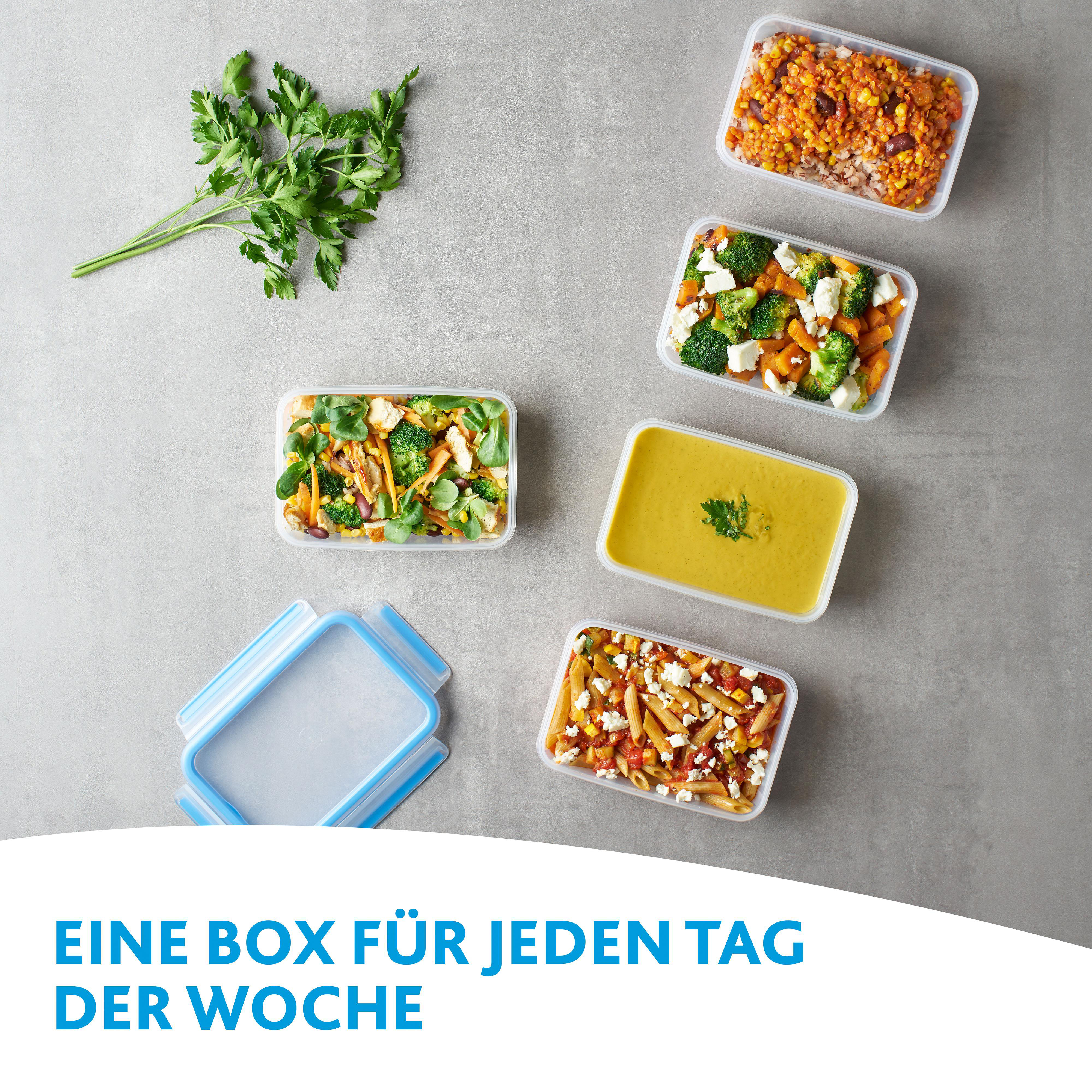 Behälter mit Lebensmitteln auf einer grauen Oberfläche mit Text darunter.