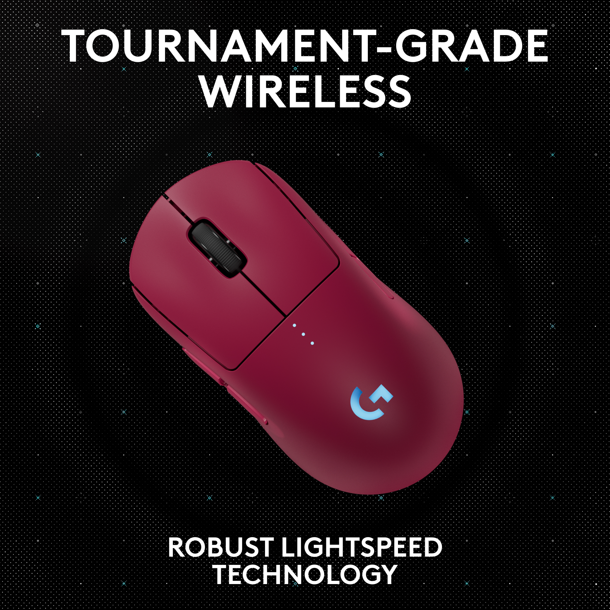 Souris de jeu bordeaux avec logo. Le texte dit 'TOURNAMENT-GRADE WIRELESS'.