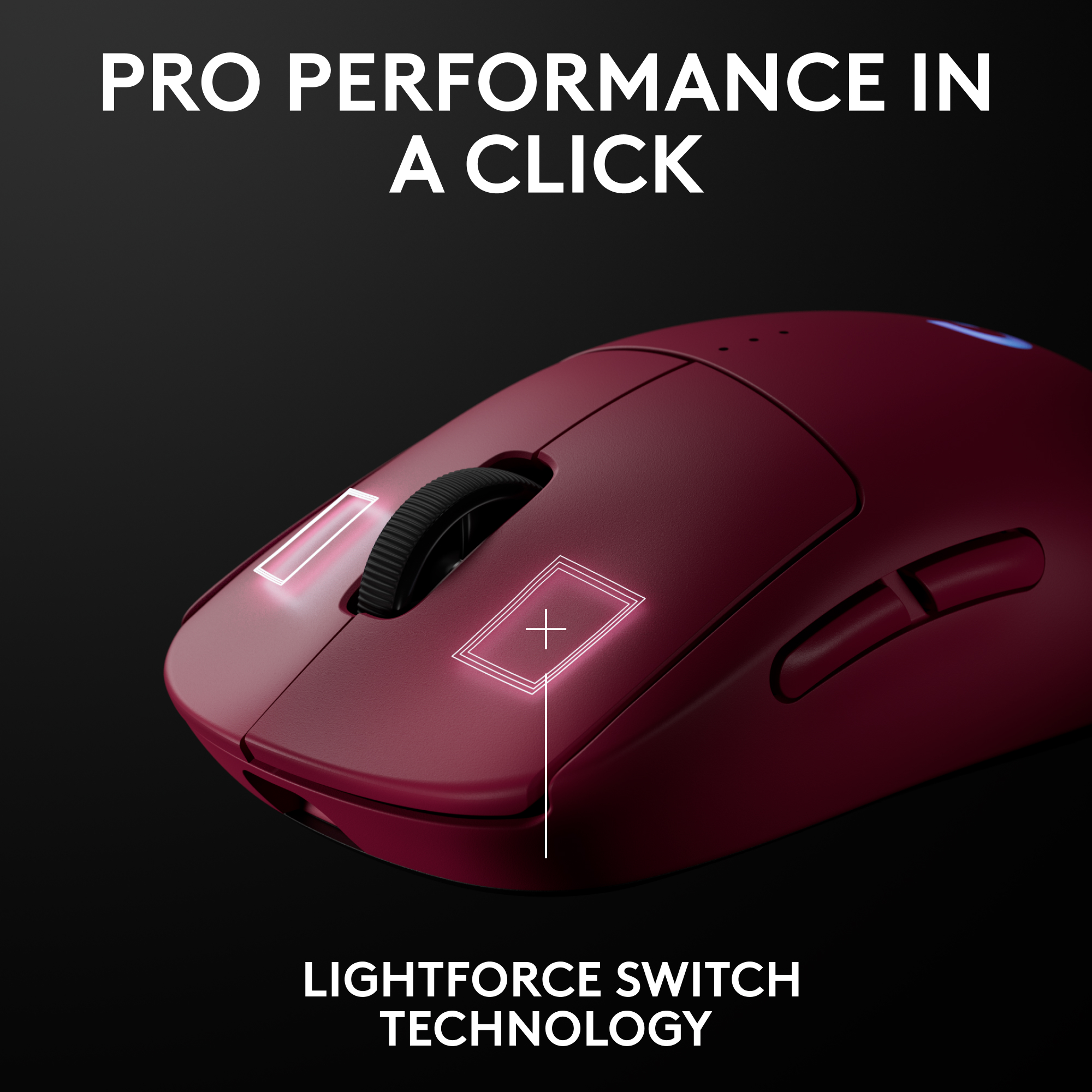 Une souris rouge avec une molette de défilement et des boutons noirs. Texte : Technologie Lightforce Switch.