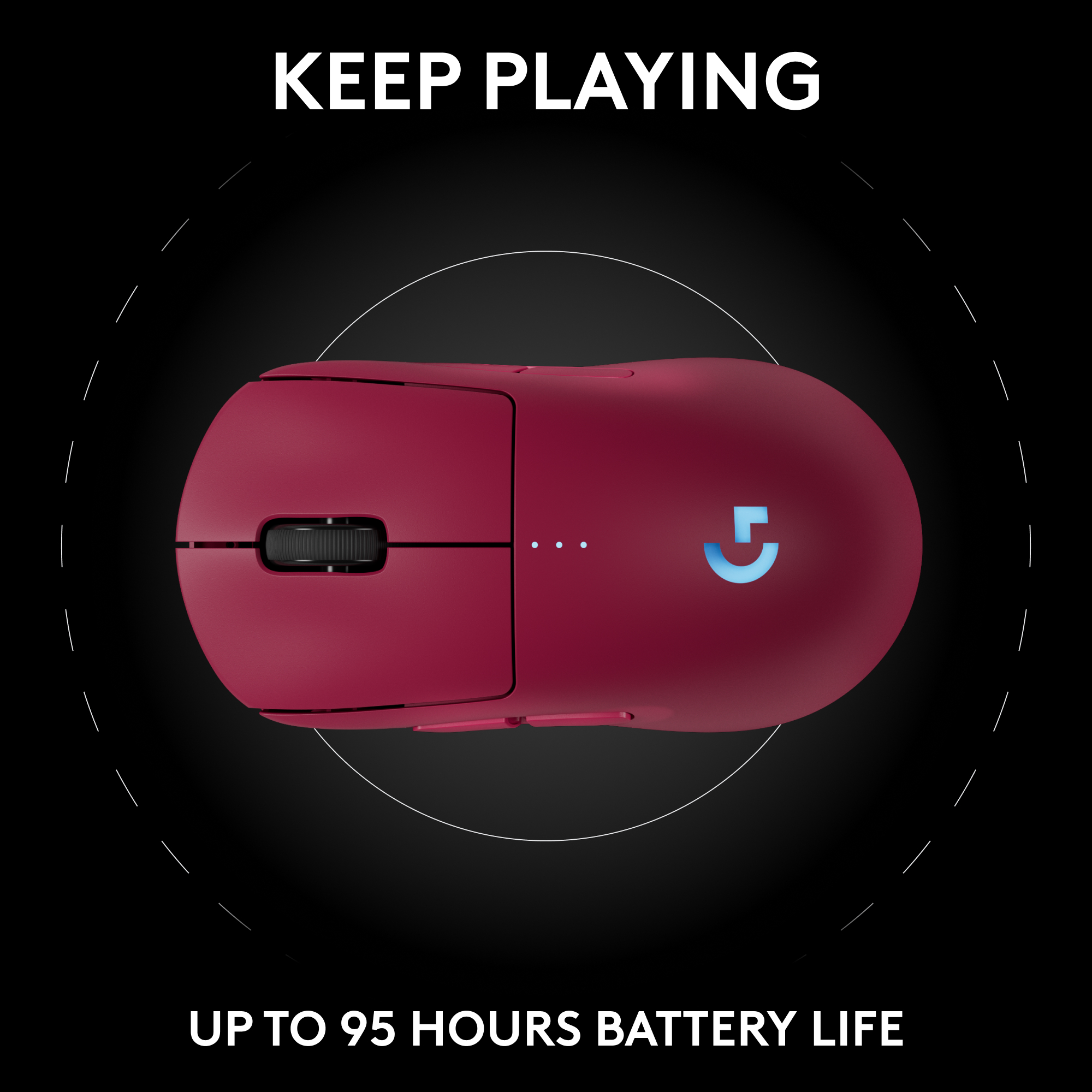 Une souris de jeu rouge sur fond noir avec les mots 'KEEP PLAYING'.
