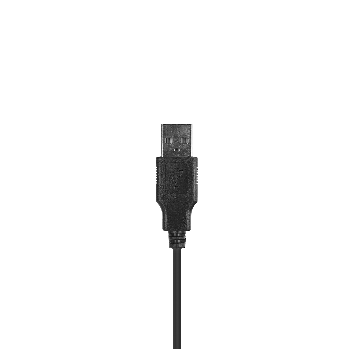 Beyaz zemin üzerinde bir USB konektörlü siyah USB kablosu.