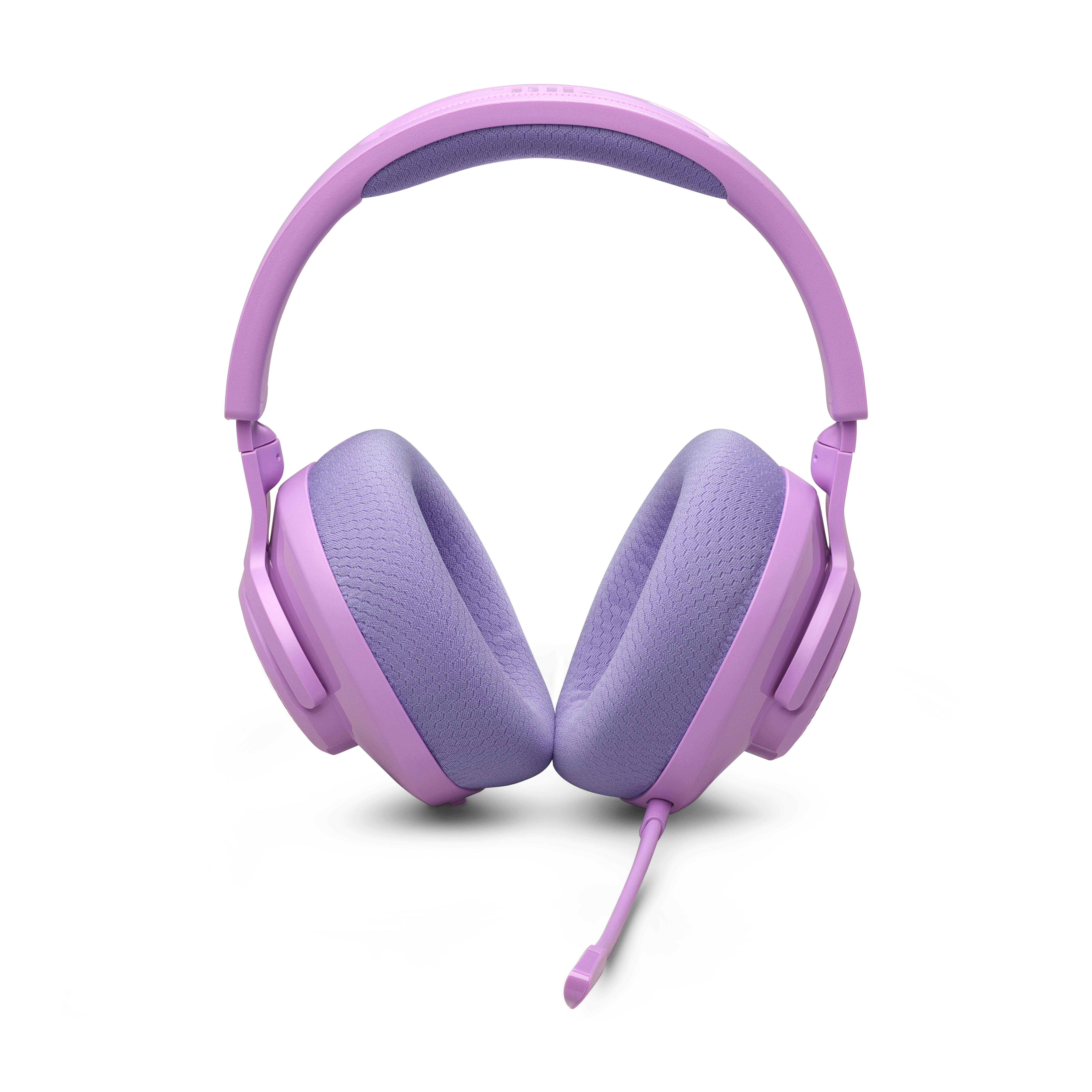 Ein Paar lilafarbene Over-Ear-Kopfhörer mit Mikrofon und weißem Hintergrund.
