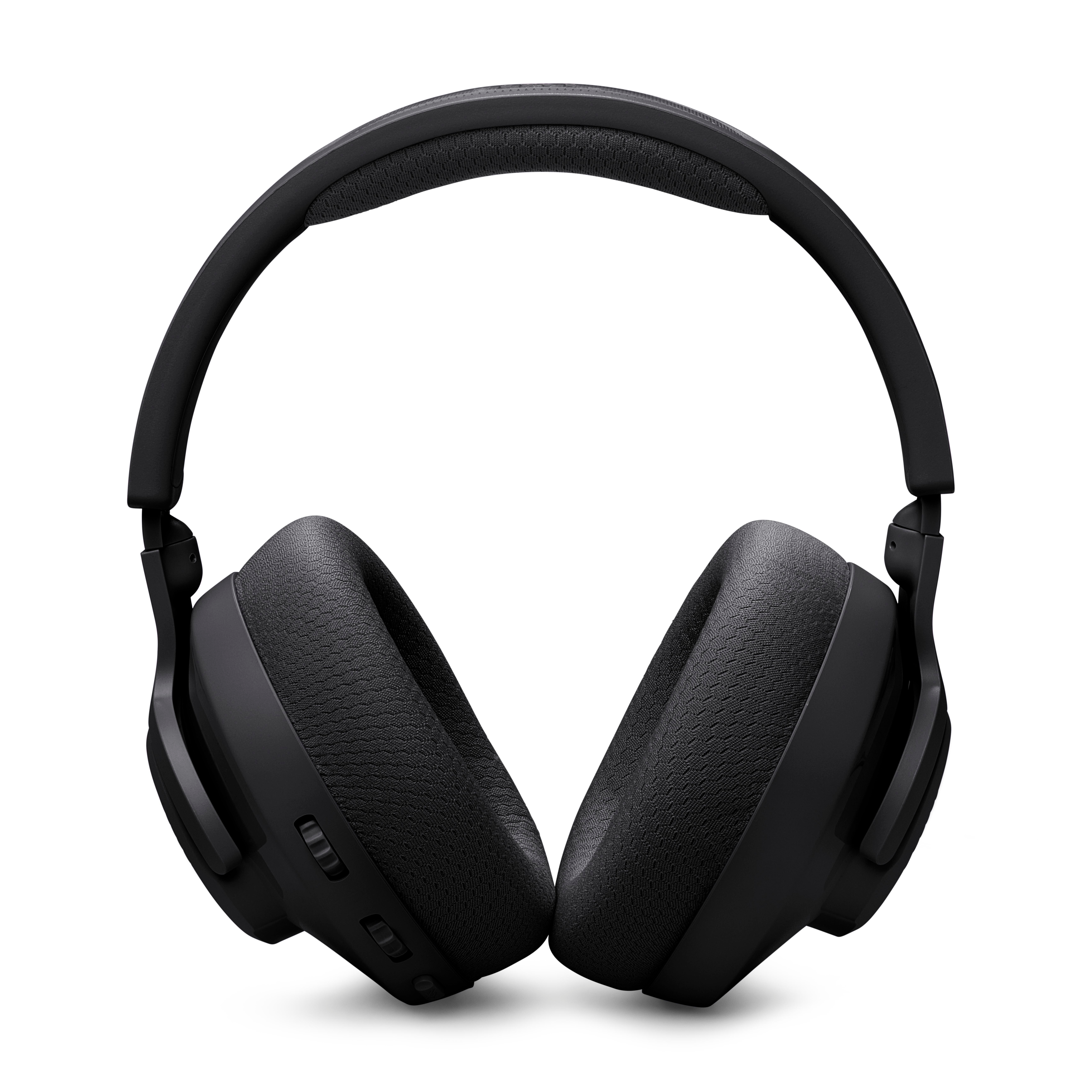 Schwarze Kopfhörer mit Over-Ear-Design, Ohrmuscheln und Kopfbügel zeigend.