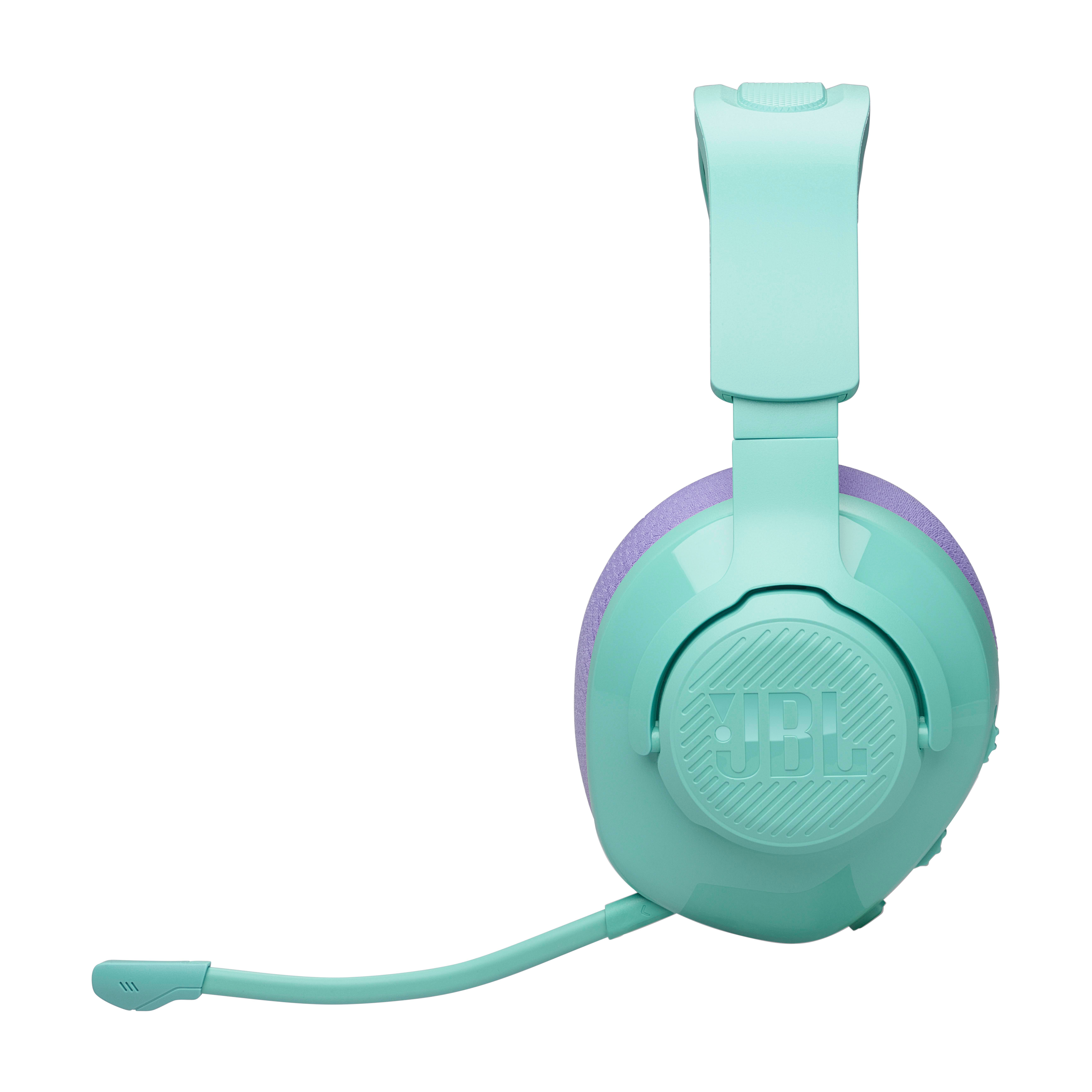 Ein mintgrünes Headset mit lilafarbenen Ohrpolstern und einem Mikrofon.