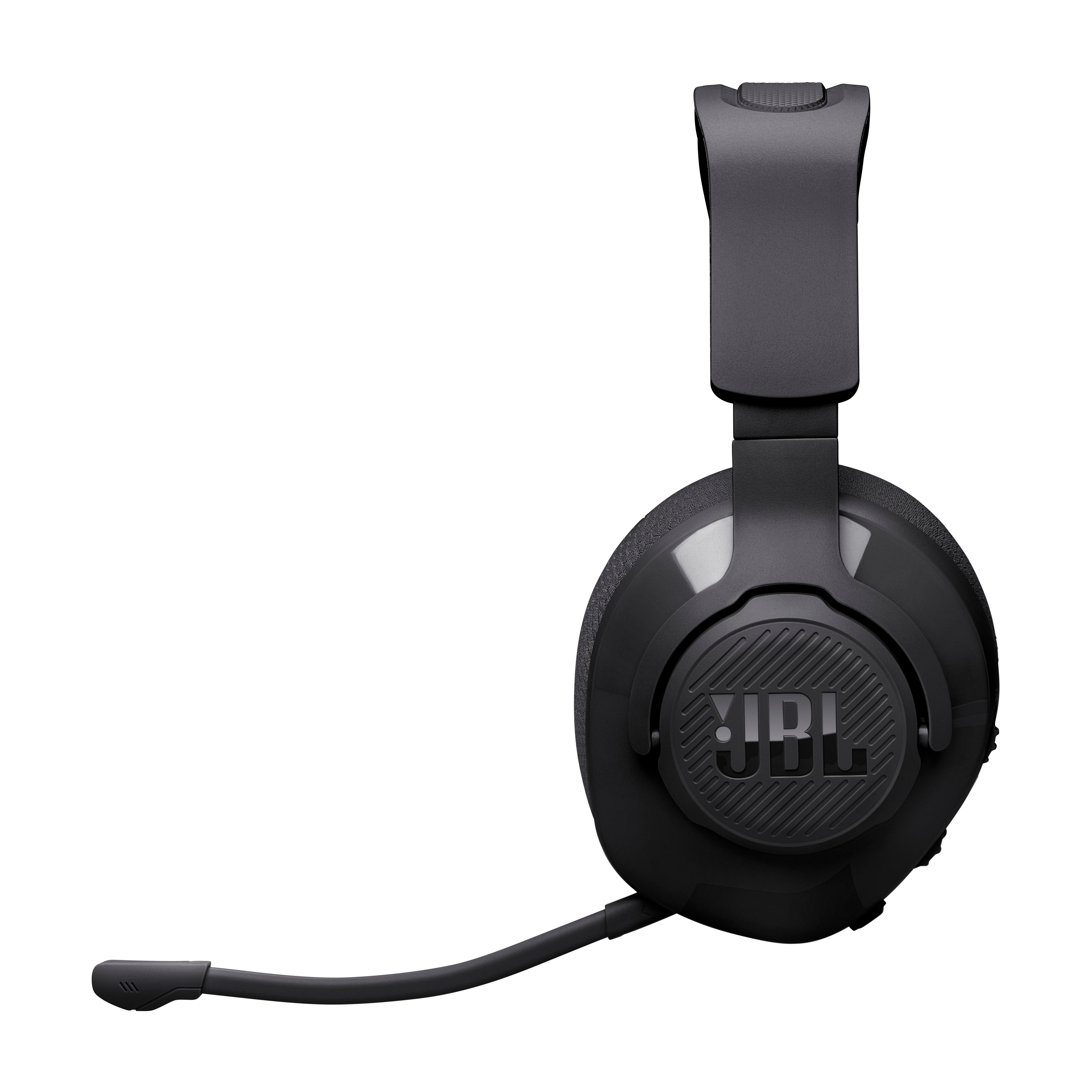 Schwarze JBL-Kopfhörer mit Mikrofon, von oben betrachtet, auf weißem Hintergrund.