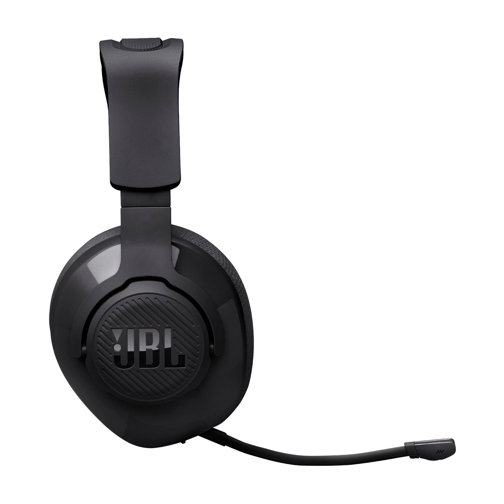 Schwarze Kopfhörer mit Mikrofon. Weißer Hintergrund. JBL-Logo.