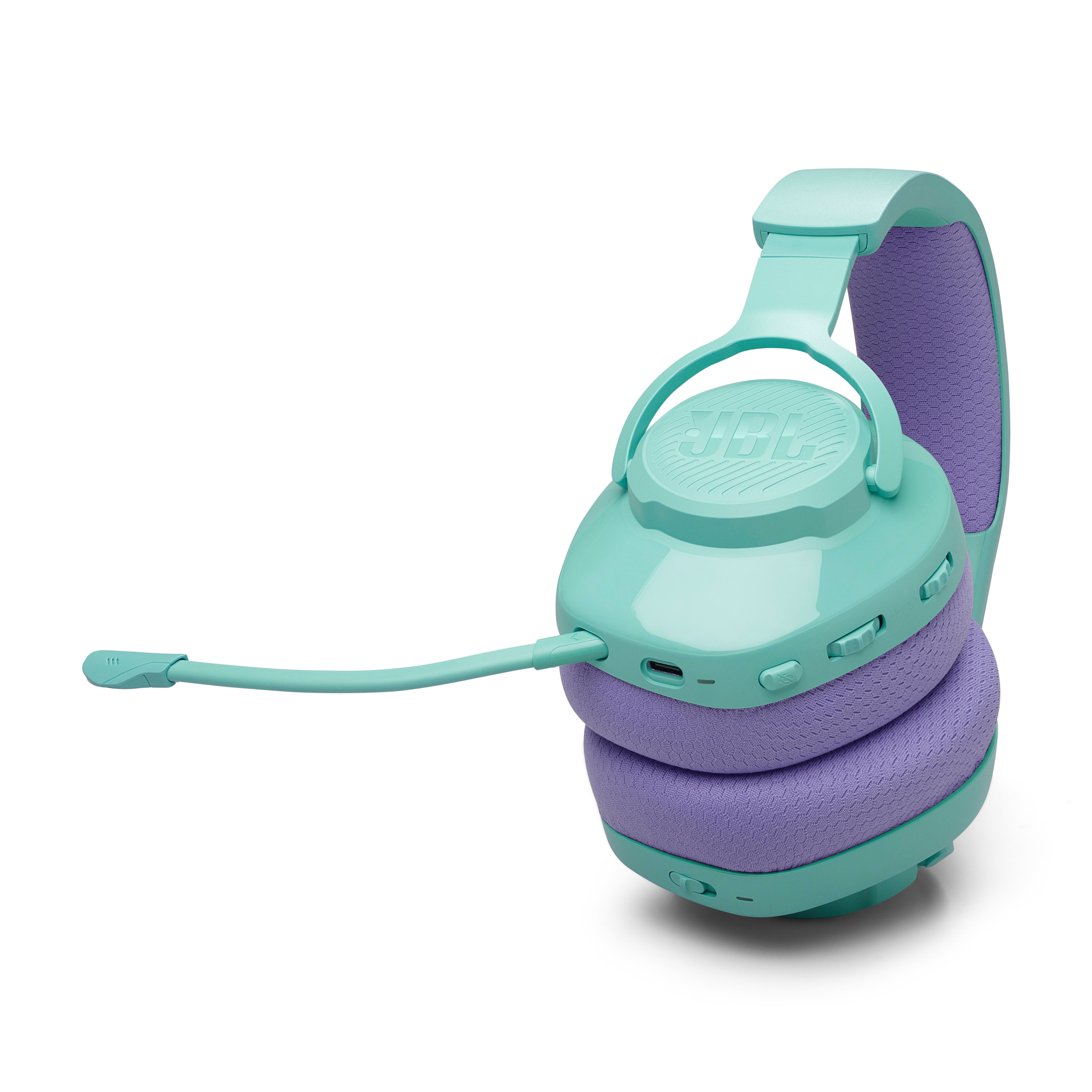 Ein türkis-lila Gaming-Headset mit Mikrofon auf weißem Hintergrund.