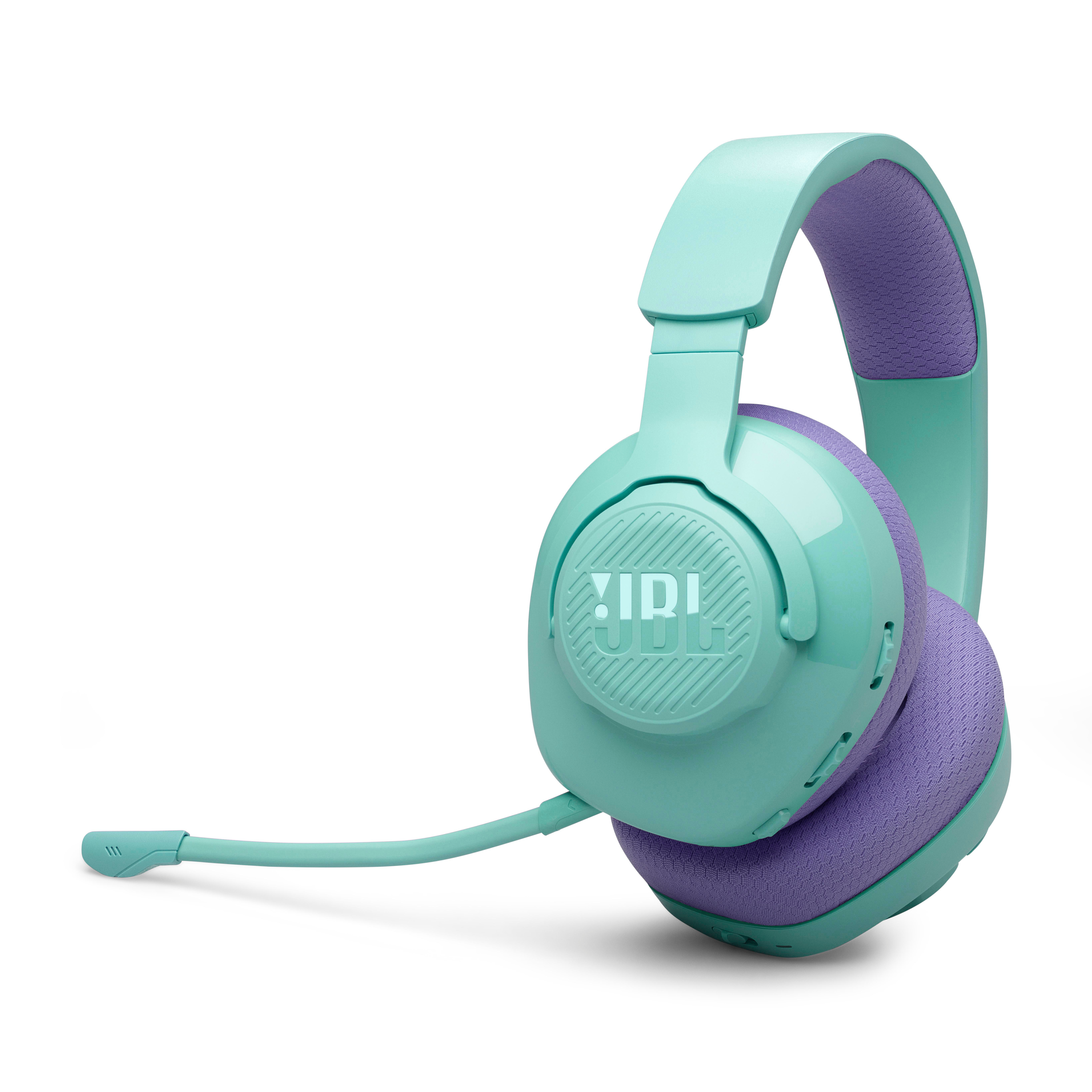 Ein JBL-Headset mit teal- und lila Farbschema und Mikrofon.