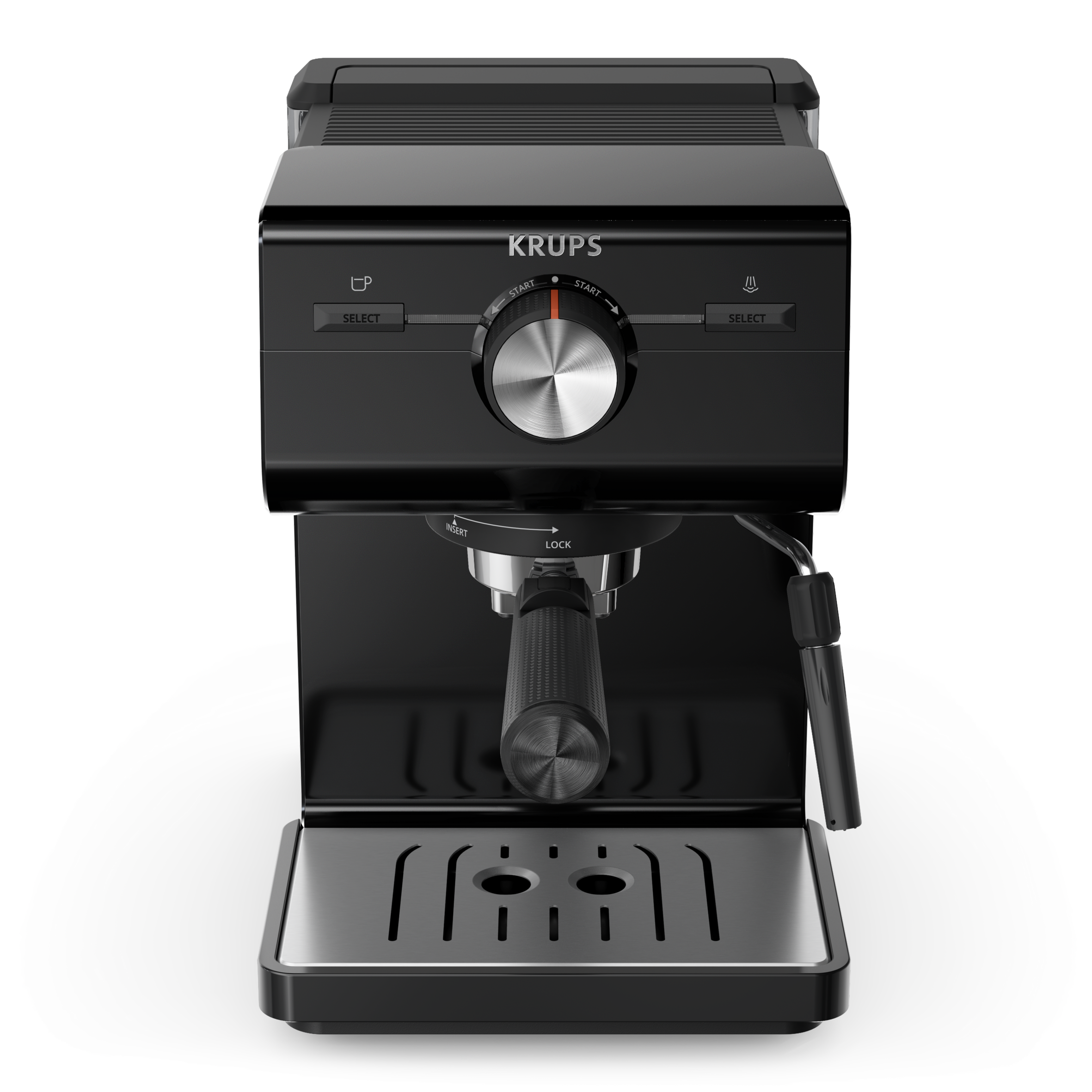 Una máquina de espresso negra con un mango plateado y un dial, sobre una superficie blanca.