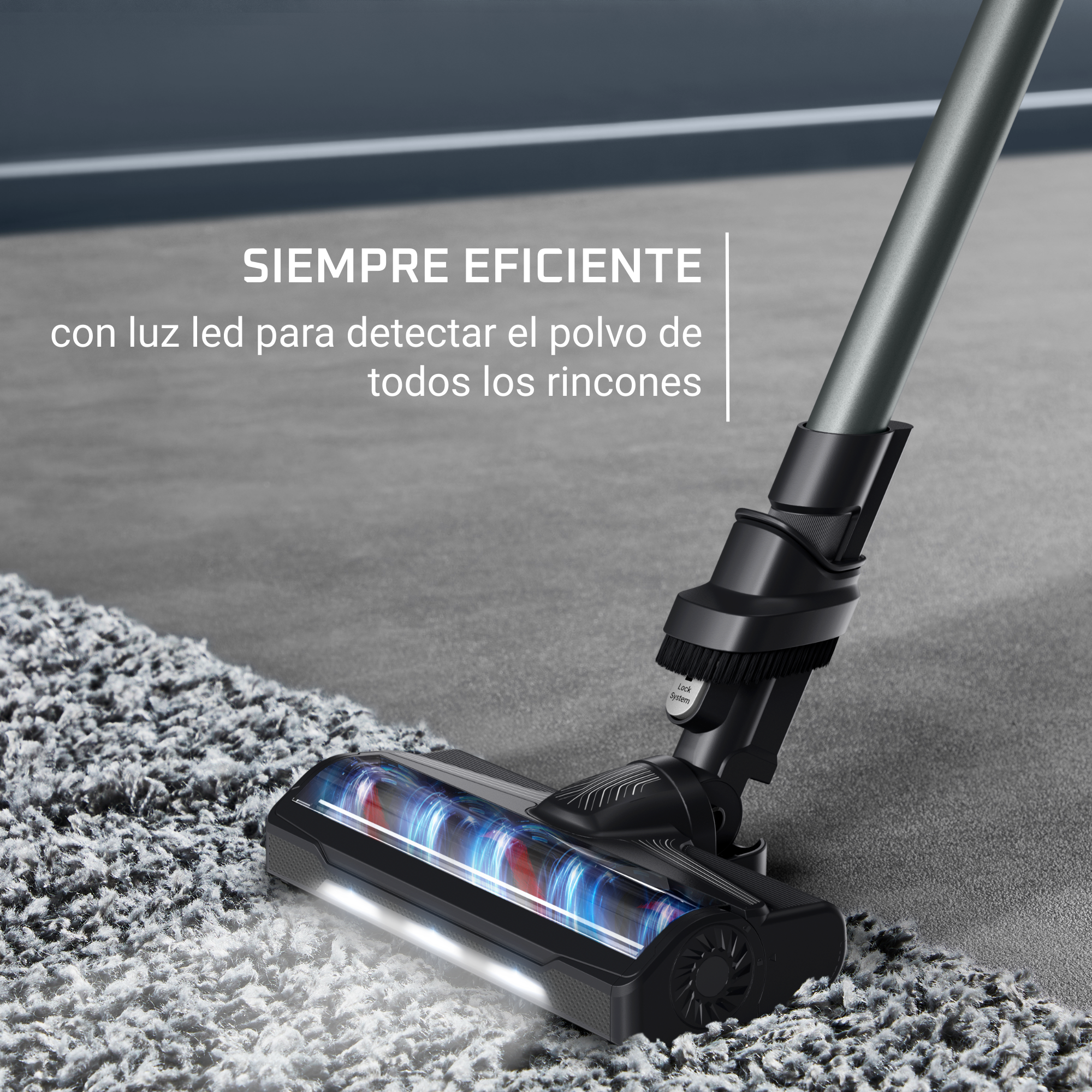 Primer plano del cabezal de una aspiradora sobre alfombra, con luces LED y texto en español.