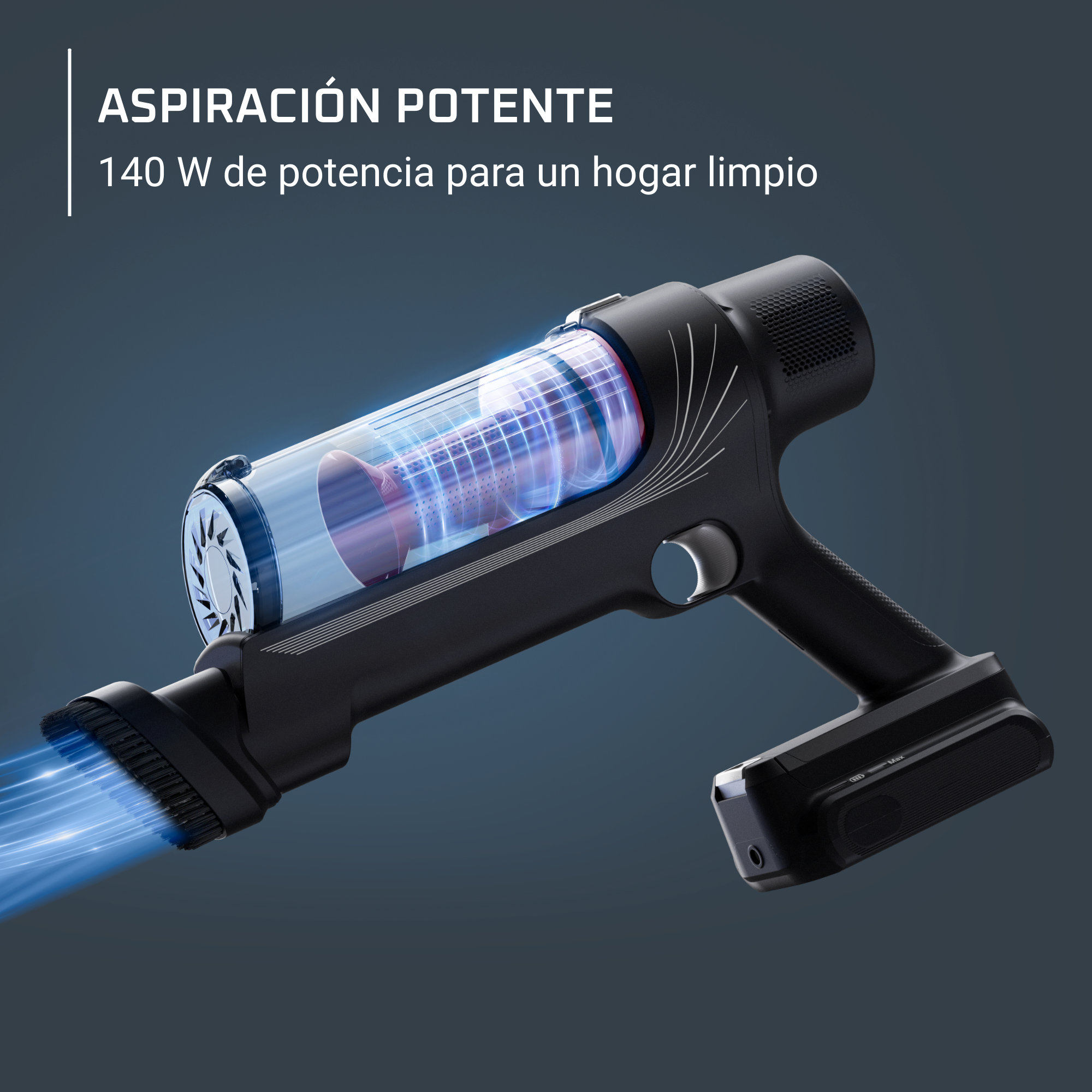 Aspiradora de mano negra y gris con cámara transparente, efecto de luz azul.
