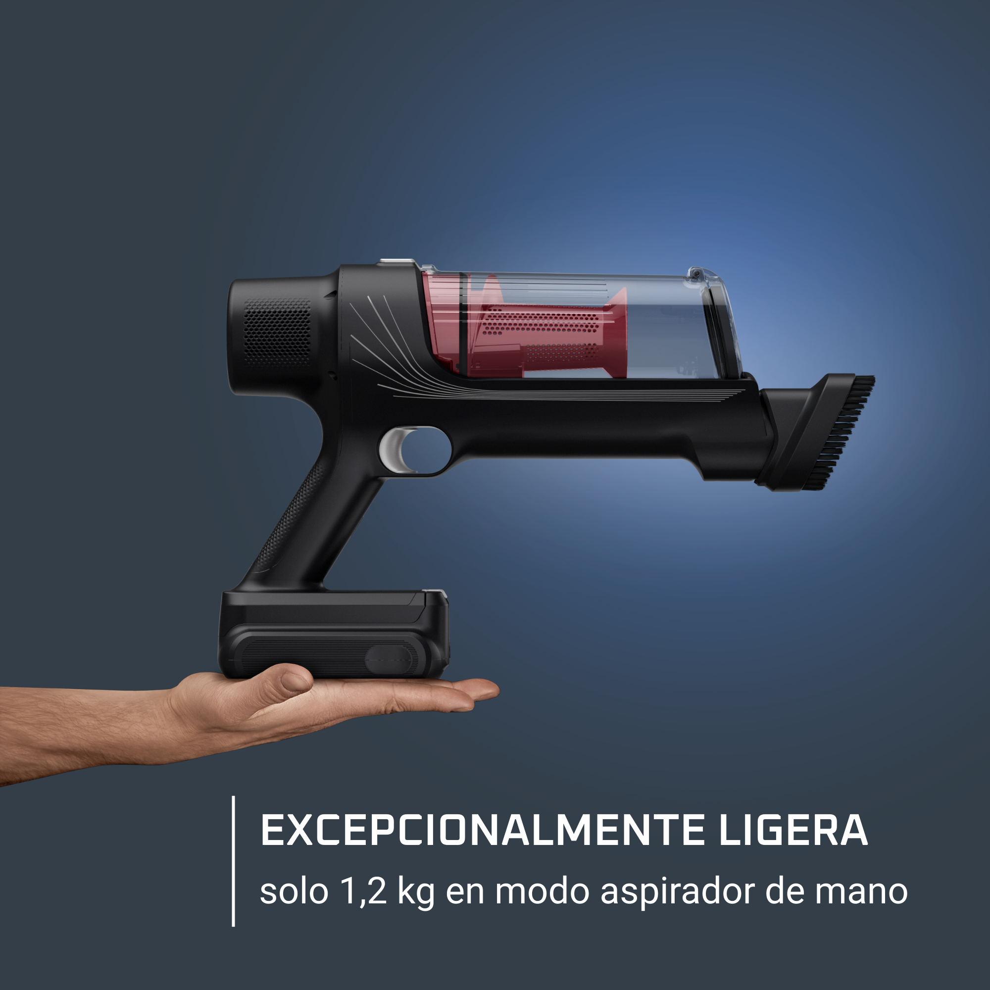 Aspiradora inalámbrica negra en mano, con contenedor transparente. Texto: Excepcionalmente ligera.