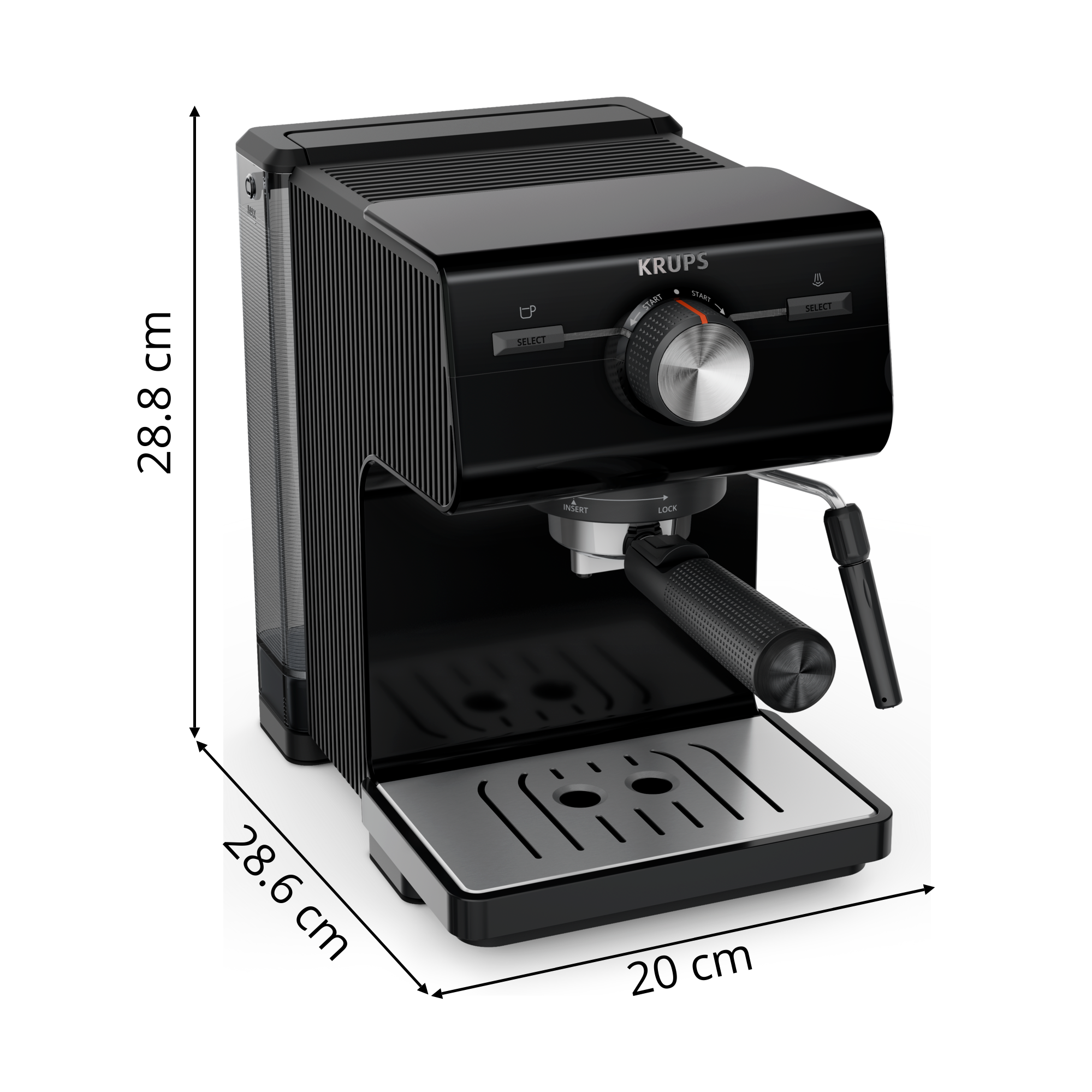 Una máquina de espresso Krups negra con dimensiones indicadas. Tiene un depósito de agua a la izquierda.