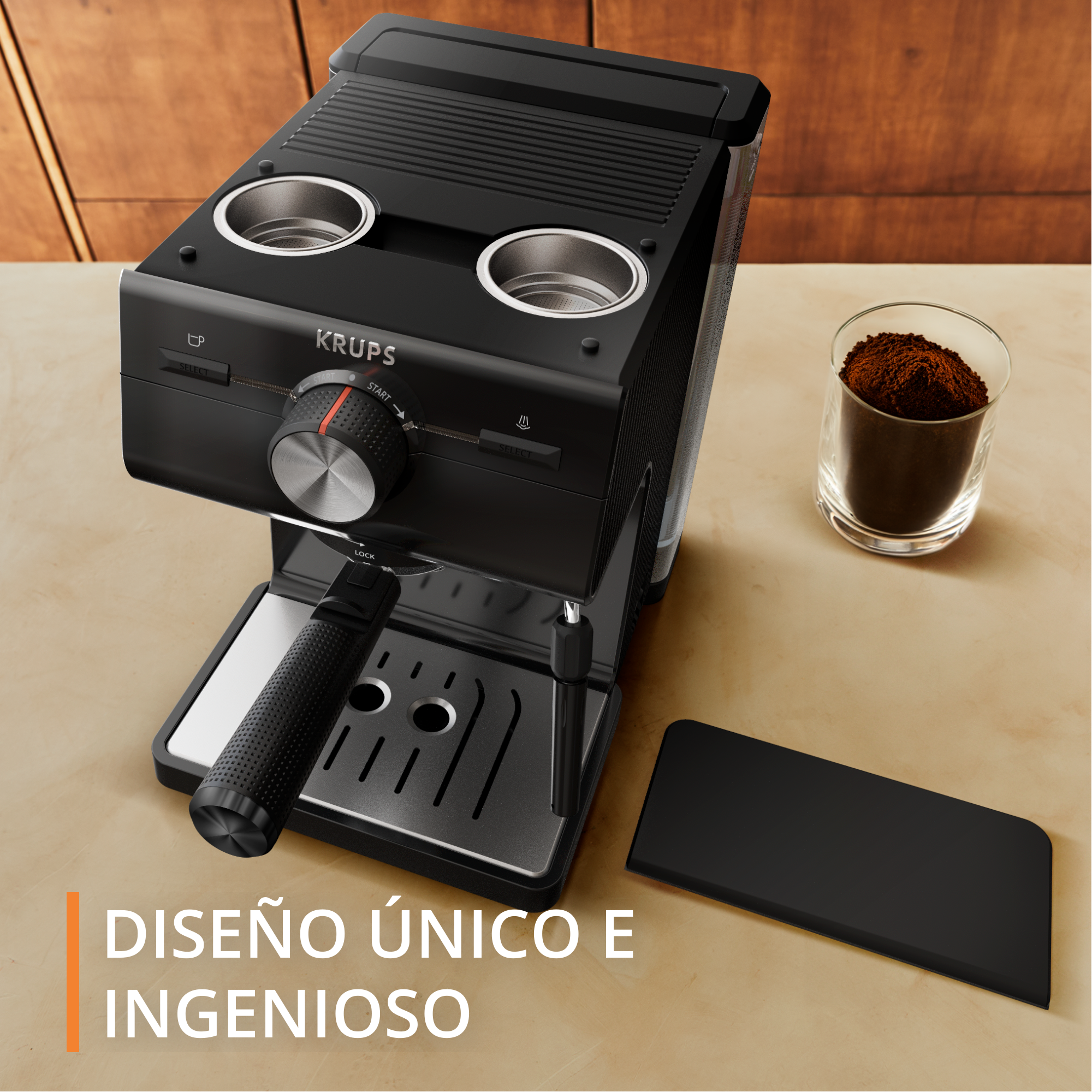 Máquina de espresso KRUPS negra con un vaso de café molido y el texto 'Diseño Único e Ingenioso'.