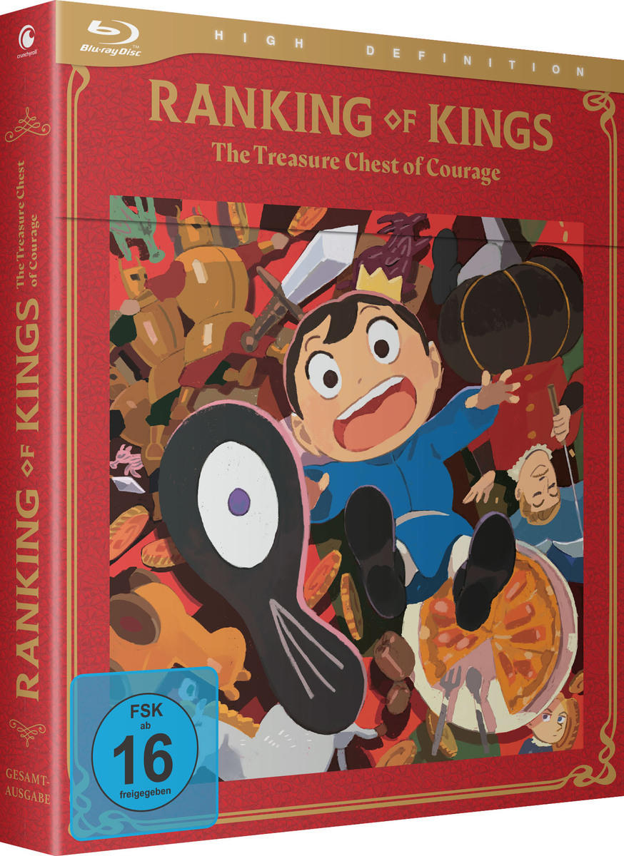 Ein Blu-ray-Disc-Box-Set des Animes 'Ranking of Kings' wird mit farbenfrohen Illustrationen gezeigt.