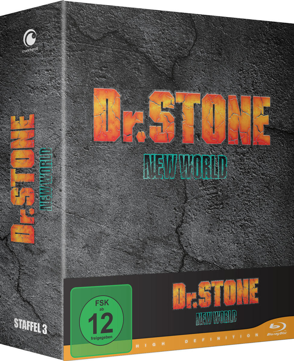 Dr. Stone: New World Blu-ray-Box-Set. Der Titel ist orangefarben auf dem Cover.