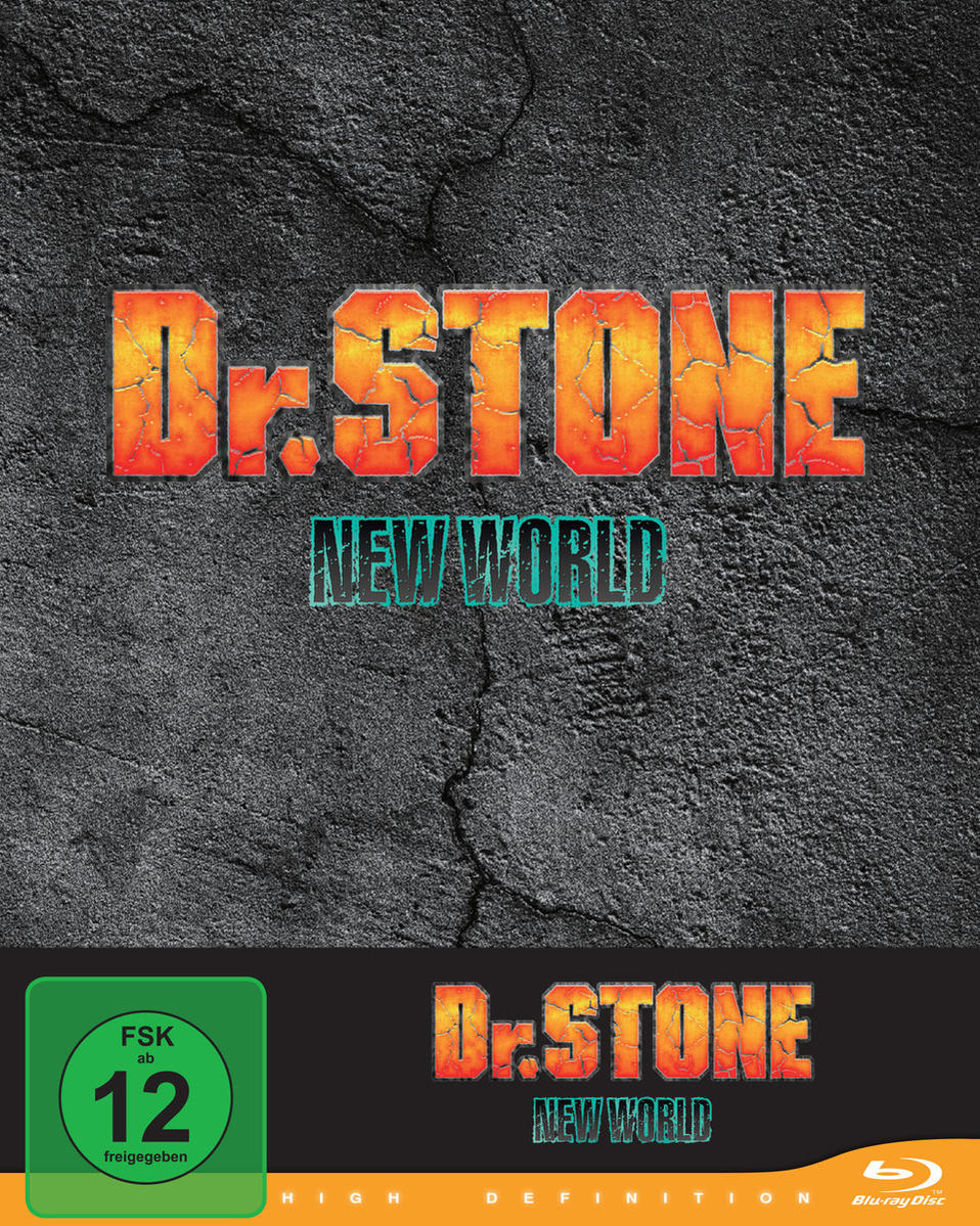 Dr. Stone New World Blu-ray-Hülle mit orangefarbenen und tealfarbenen Buchstaben auf grauem Hintergrund.
