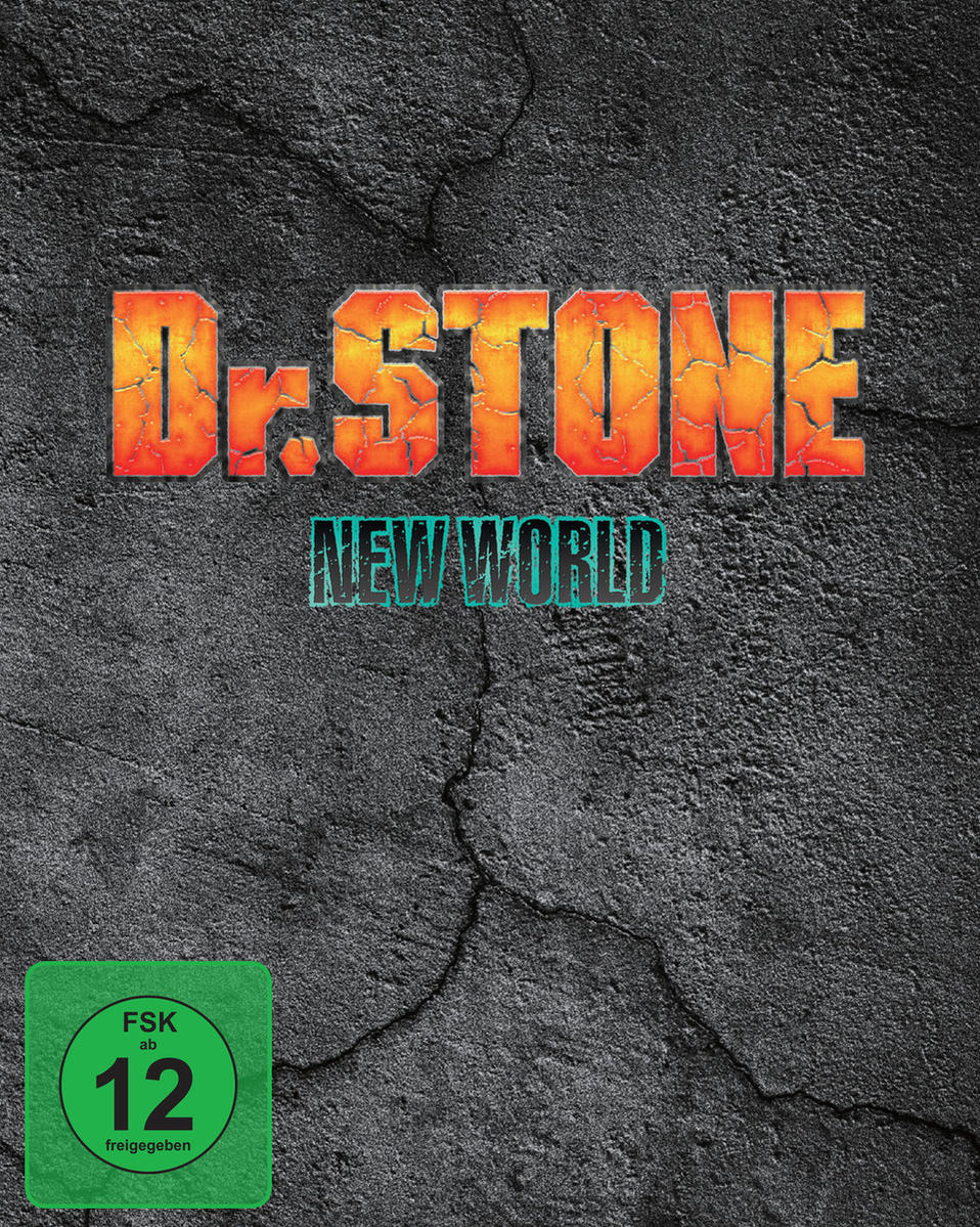 Dr. Stone: New World DVD-Hülle. Oranger und blauer Text auf grauem, rissigem Hintergrund. Grünes FSK-Logo.