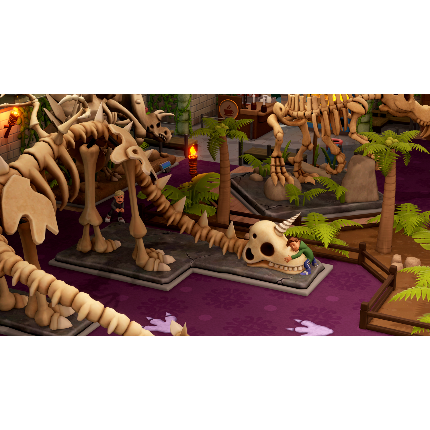 Dinosaurus skeletten in een museum setting met twee mensen.