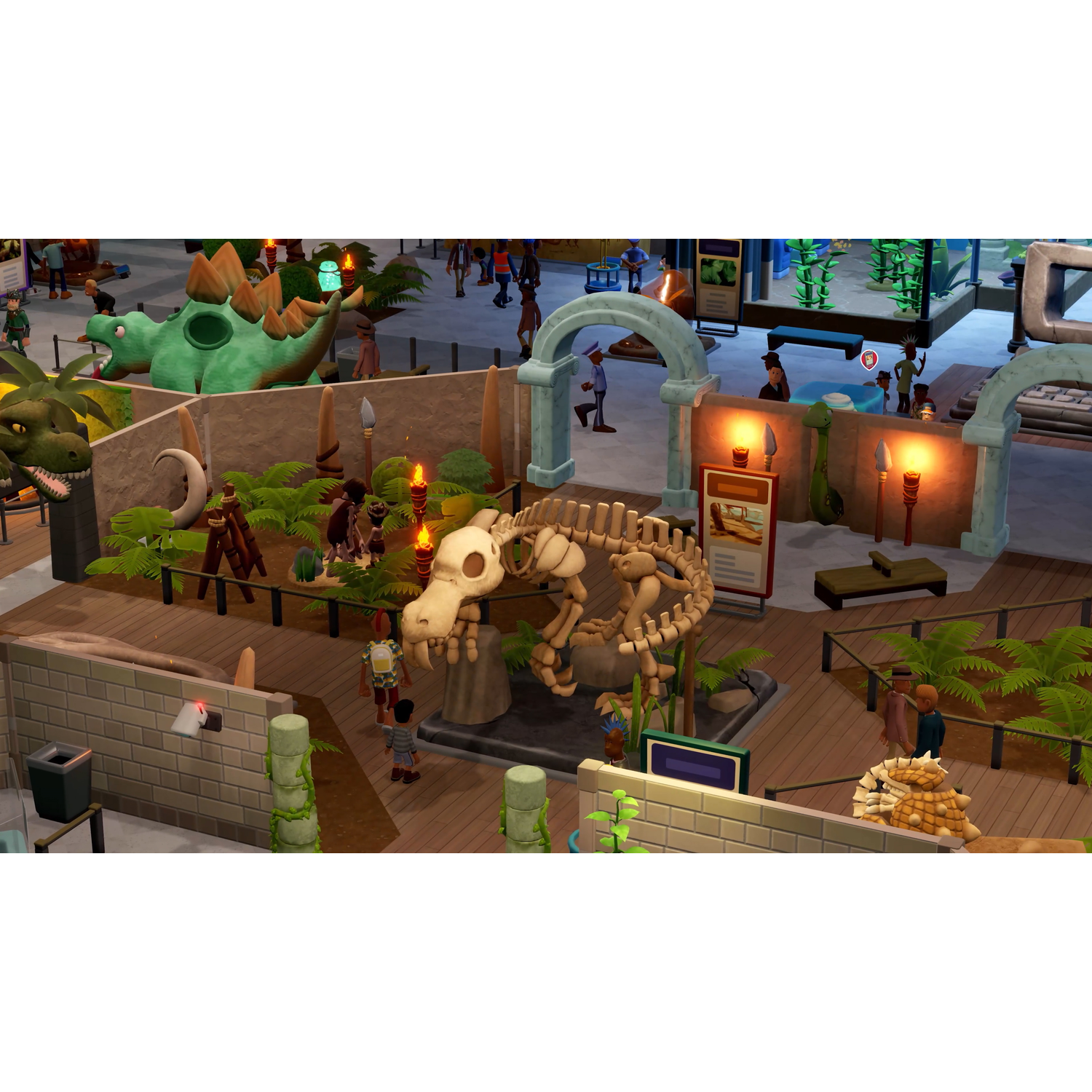 Dinosaurus skelet in een museumexpositie, met mensen en andere exposities zichtbaar.