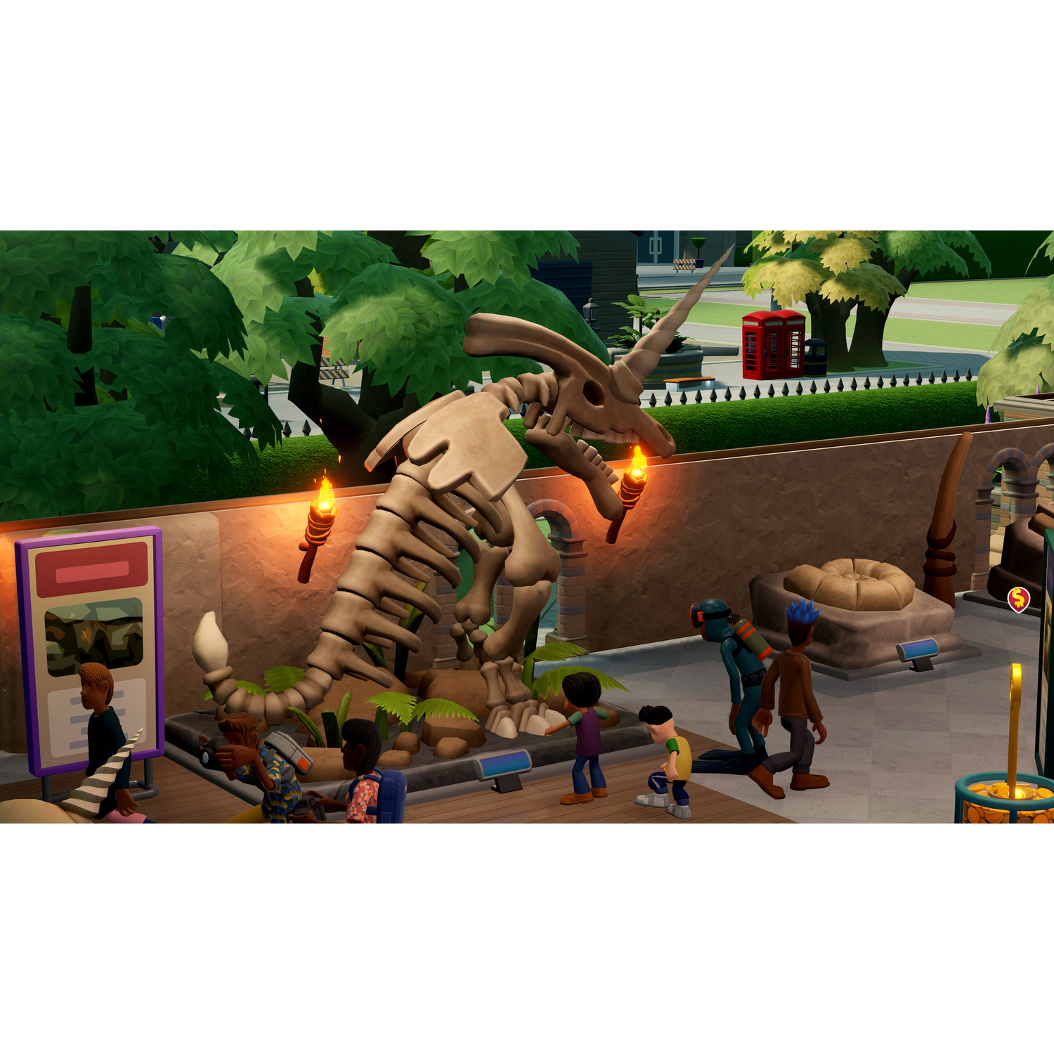 Een museumscène met een dinosaurus skelet en mensen. Toont bomen, gebouwen en een rode telefooncel.