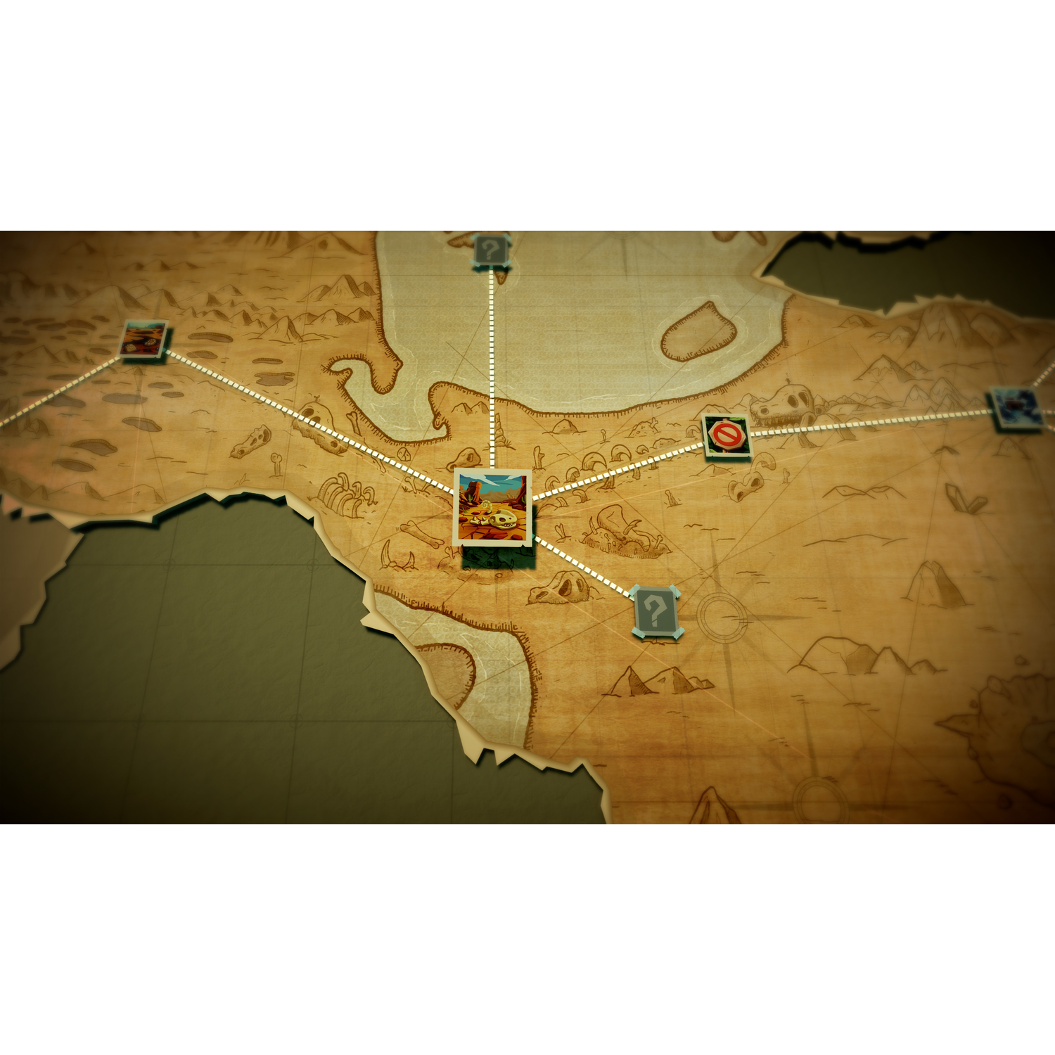 Een kaart met gemarkeerde locaties en verbindingslijnen. Verschillende vraagtekens en een afbeelding zijn zichtbaar.
