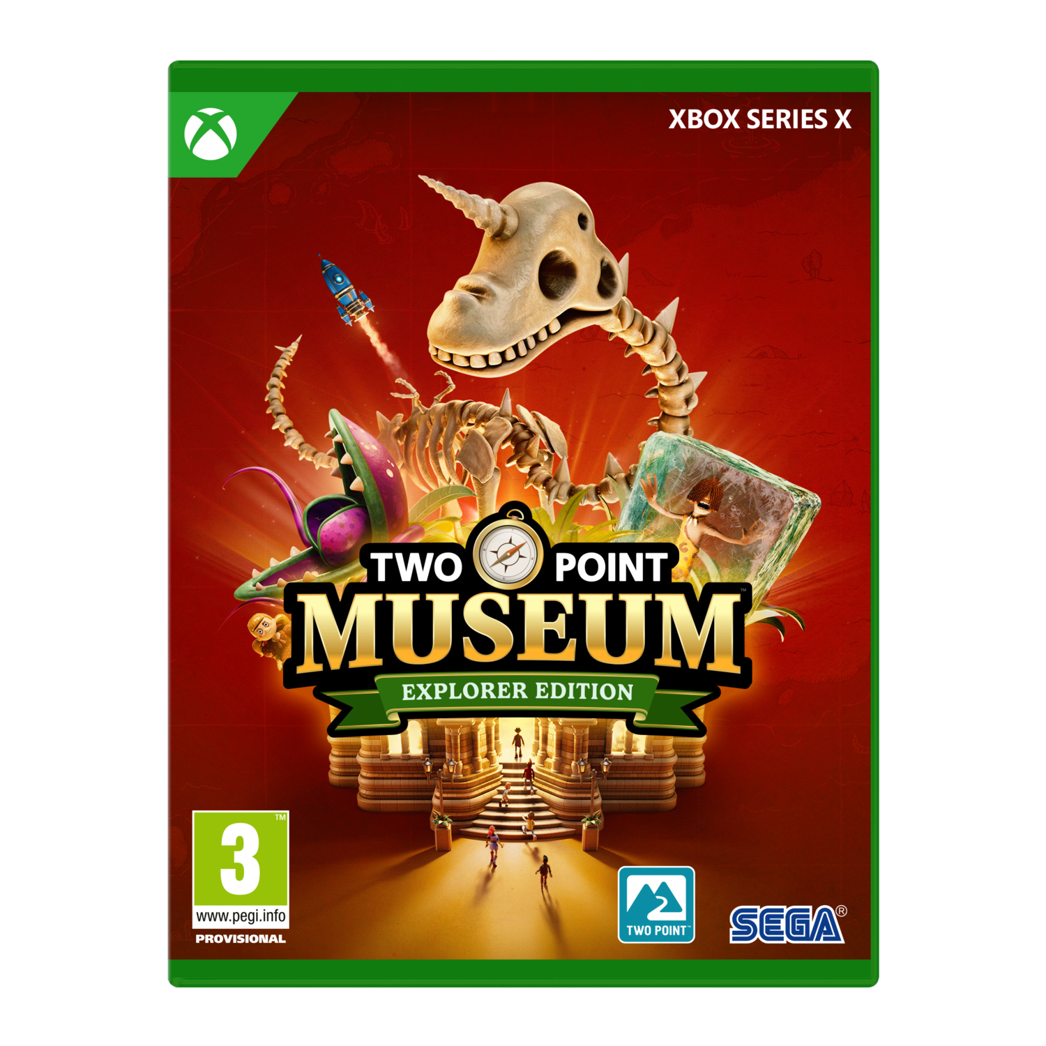 Xbox Series X gamebox voor Two Point Museum, met dinosaurus skelet en speltitel.