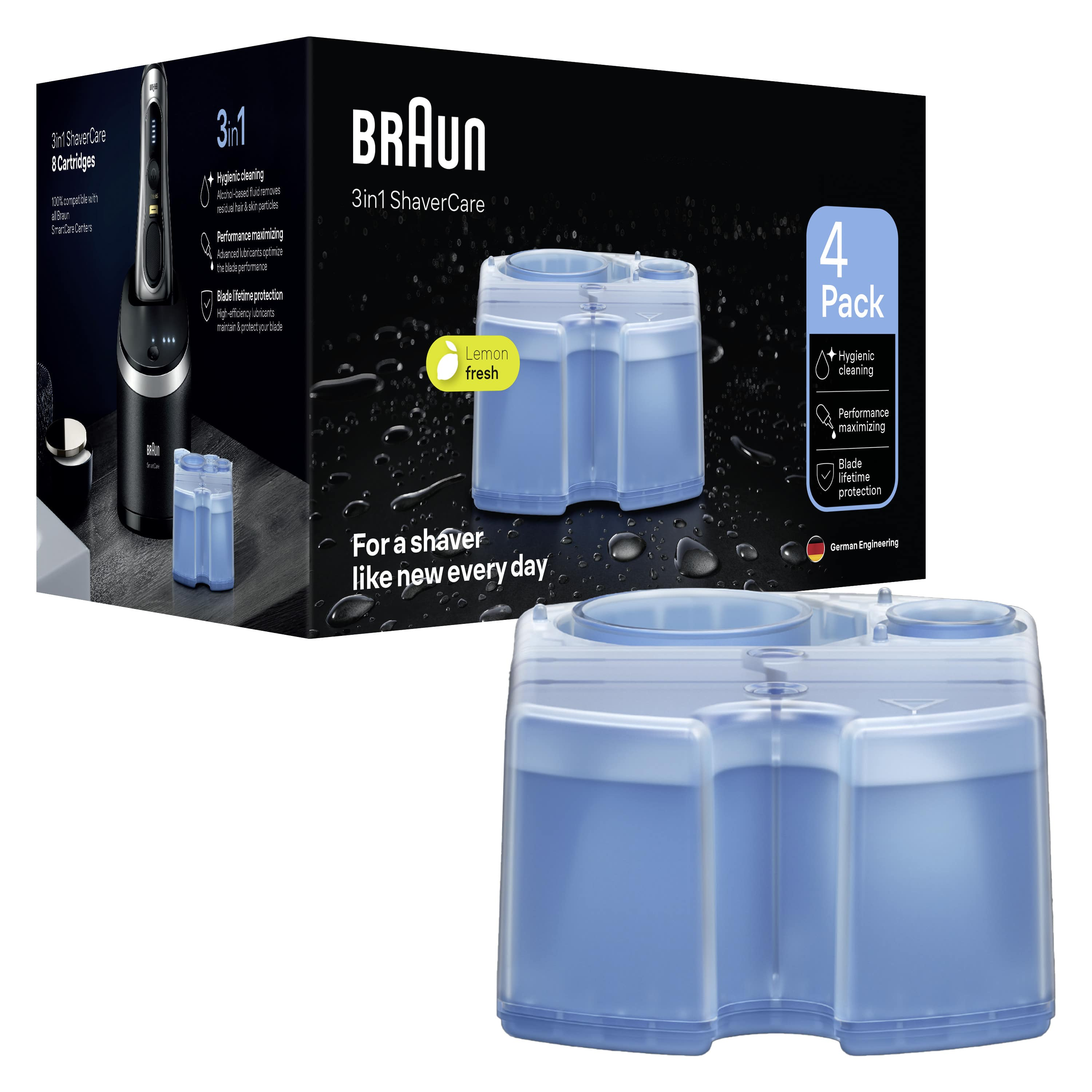 Braun 3'ü 1 arada ShaverCare kutu seti, tıraş makinesi, temizleme kartuşları ve bir temizleme ünitesiyle.