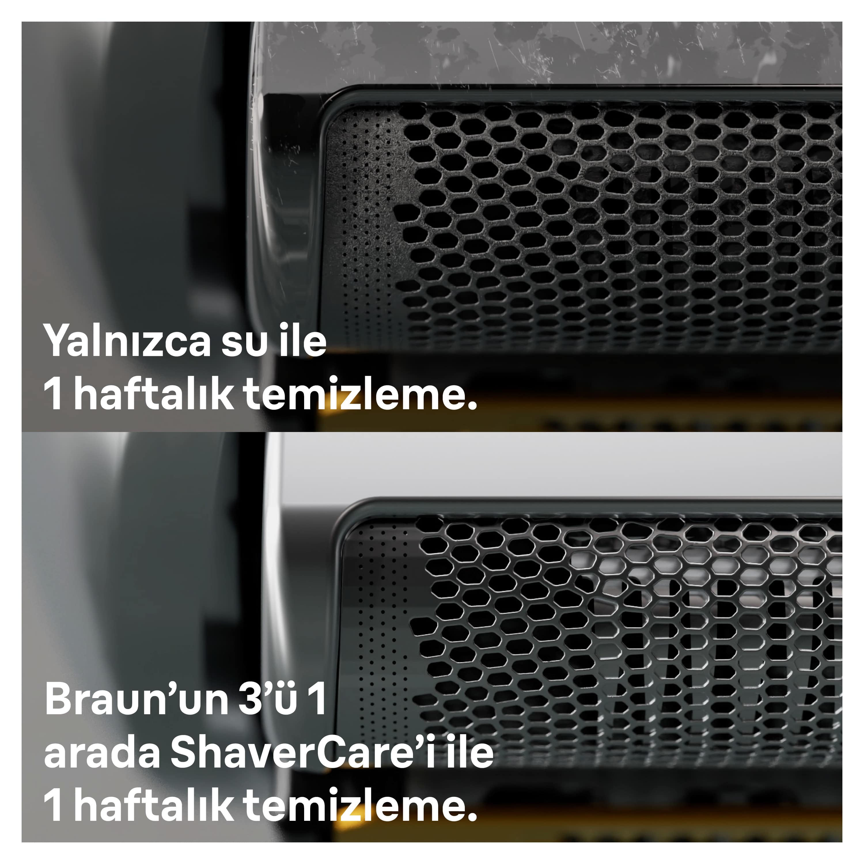 Tıraş makinesi başlığının yakın çekimi, temizleme seçenekleri hakkında metinle birlikte.