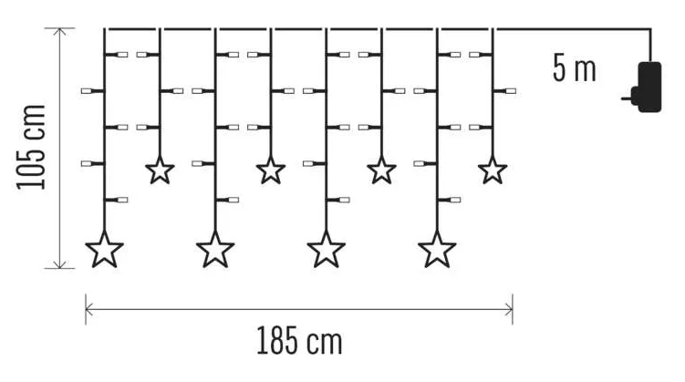 Csillag alakú fényfüzérek diagramja. Méretek: 105cm magasság, 185cm szélesség, 5m kábel.