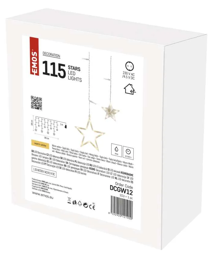 Fehér doboz LED-es csillagfényekkel. Szöveg: EMOS, 115 LED LIGHTS.