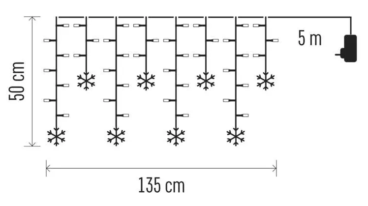 Hópehely világítási lánc. Méretek: 50 cm magas és 135 cm széles.
