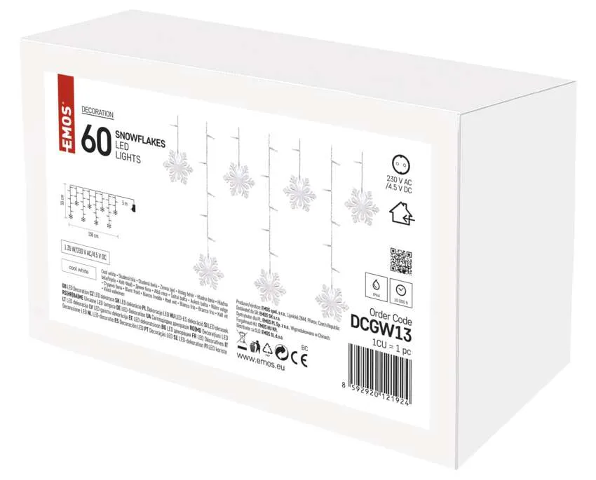 Egy fehér doboz EMOS 60 hópelyhes LED-lámpákkal, termékadatokkal.