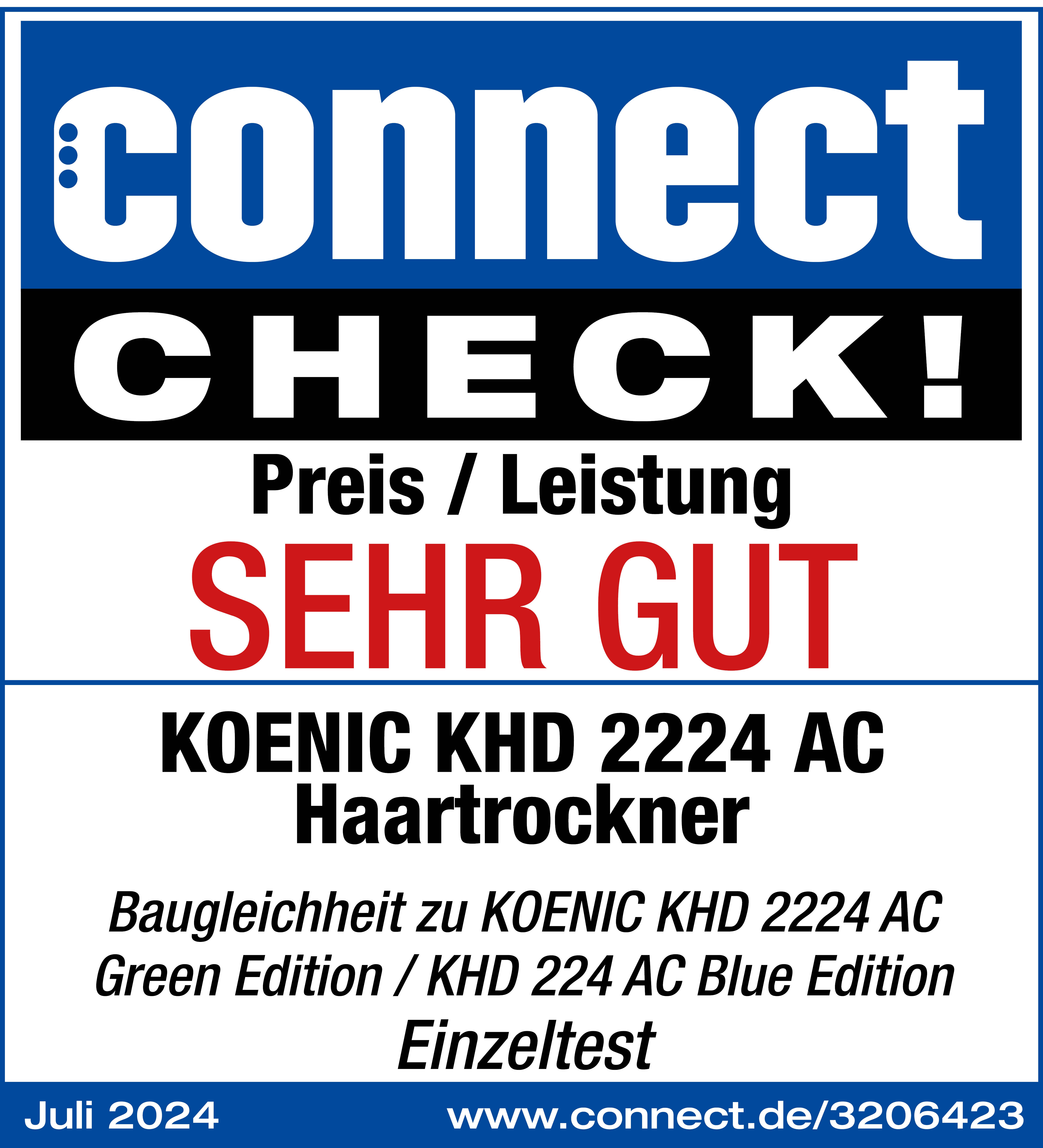 Ein Zeitschriften-Cover mit Text 'connect CHECK!' und 'SEHR GUT' mit Produktdetails.