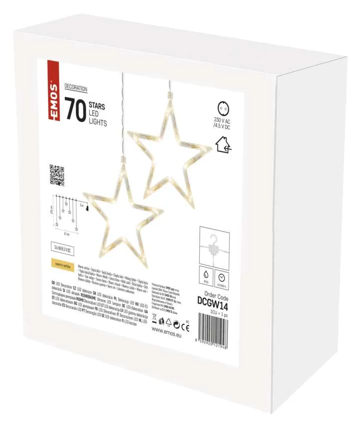 Csillag alakú LED-lámpák doboza, termékinformációkkal és QR-kóddal.
