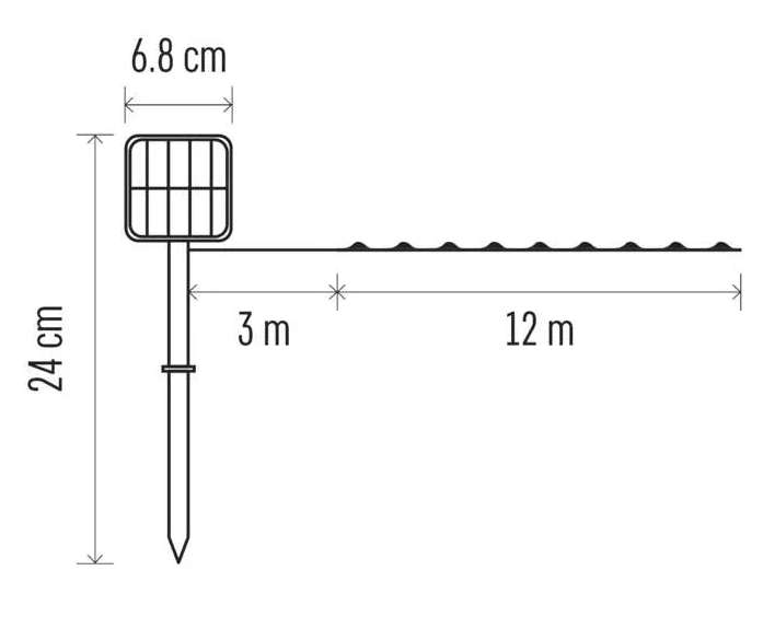 Napenergiával működő kerti lámpa diagramja, méretekkel és mérésekkel.